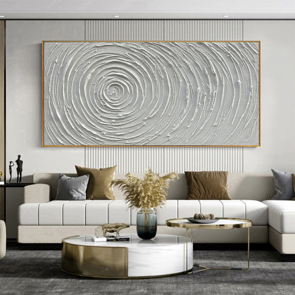 LUNAR RIPPLES: Panoramic 3D Plaster Texture Wall Art, Minimalist White Spiral Relief