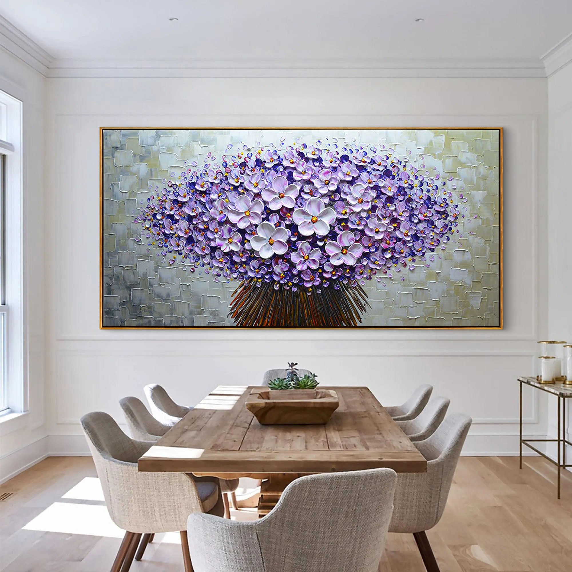 VIOLET BLOOM: Panoramic 3D Heavy Texture Floral Wall Art, Purple Flower Tree Relief Painting