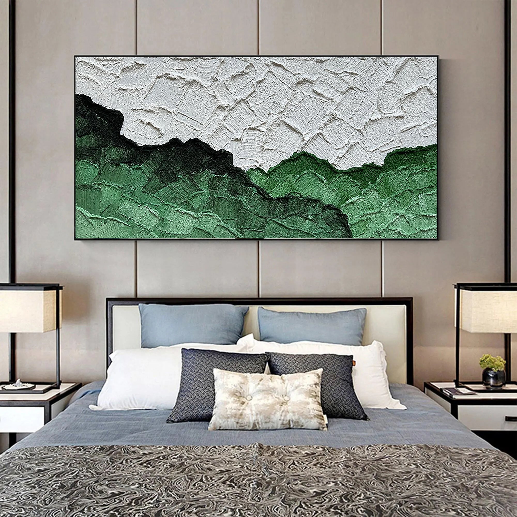 Emerald Ridge – Green & White Relief Abstract Texture Painting | Modern Abstract Living Room & Office Art