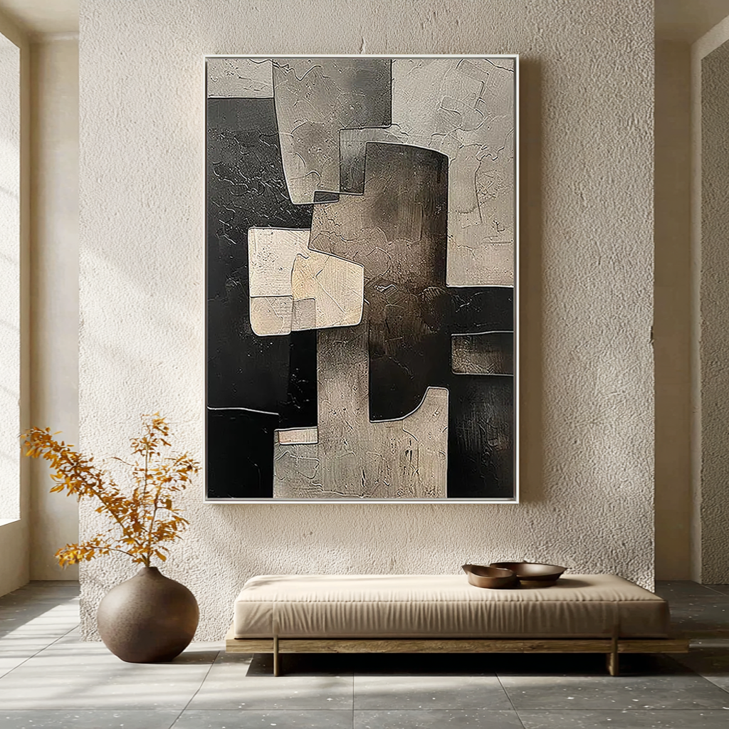 URBAN MATRIX: Bold Architectural Abstract, Heavy Texture Black & Stone Grey Painting