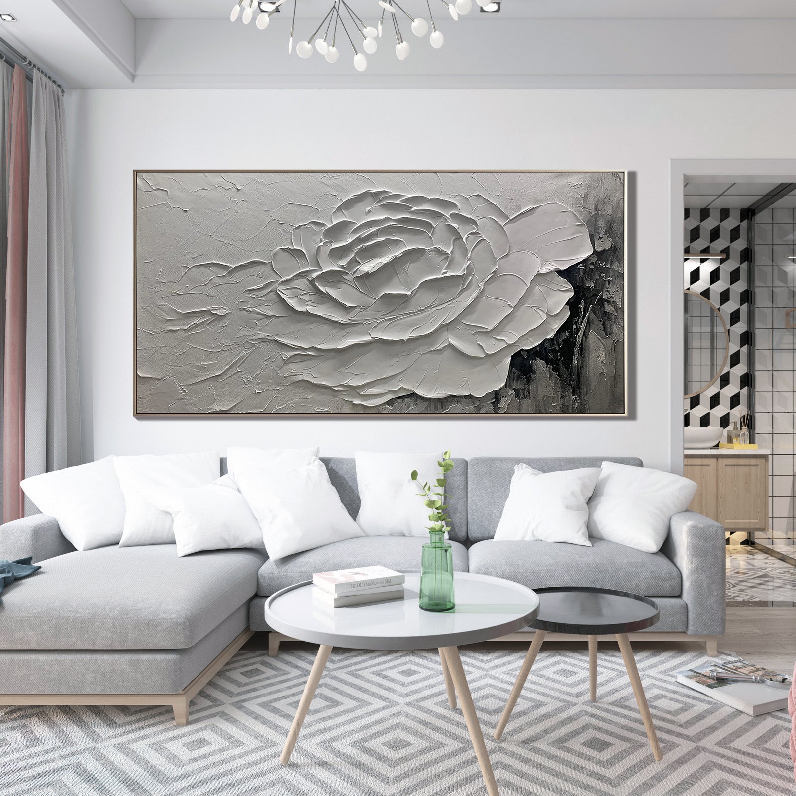 SCULPTED BLOOM: Floral Wall Art, Hand-Painted Horizontal Grey and White 3D Relief Plaster Effect Heavy Texture Studio Art