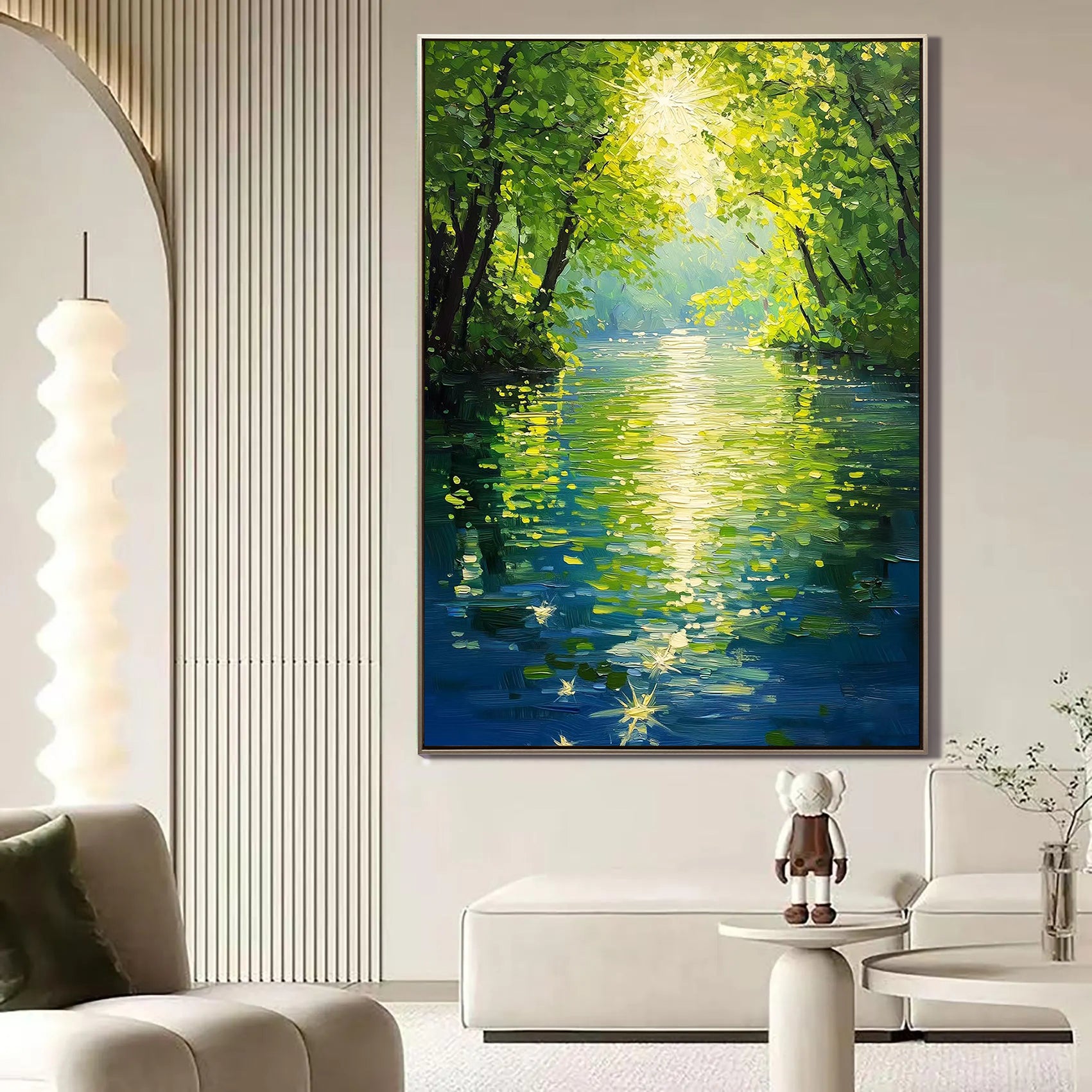VERDANT FLOW: Landscape Wall Art, Hand-Painted Impressionist Forest River Scenery Textured Oil Painting