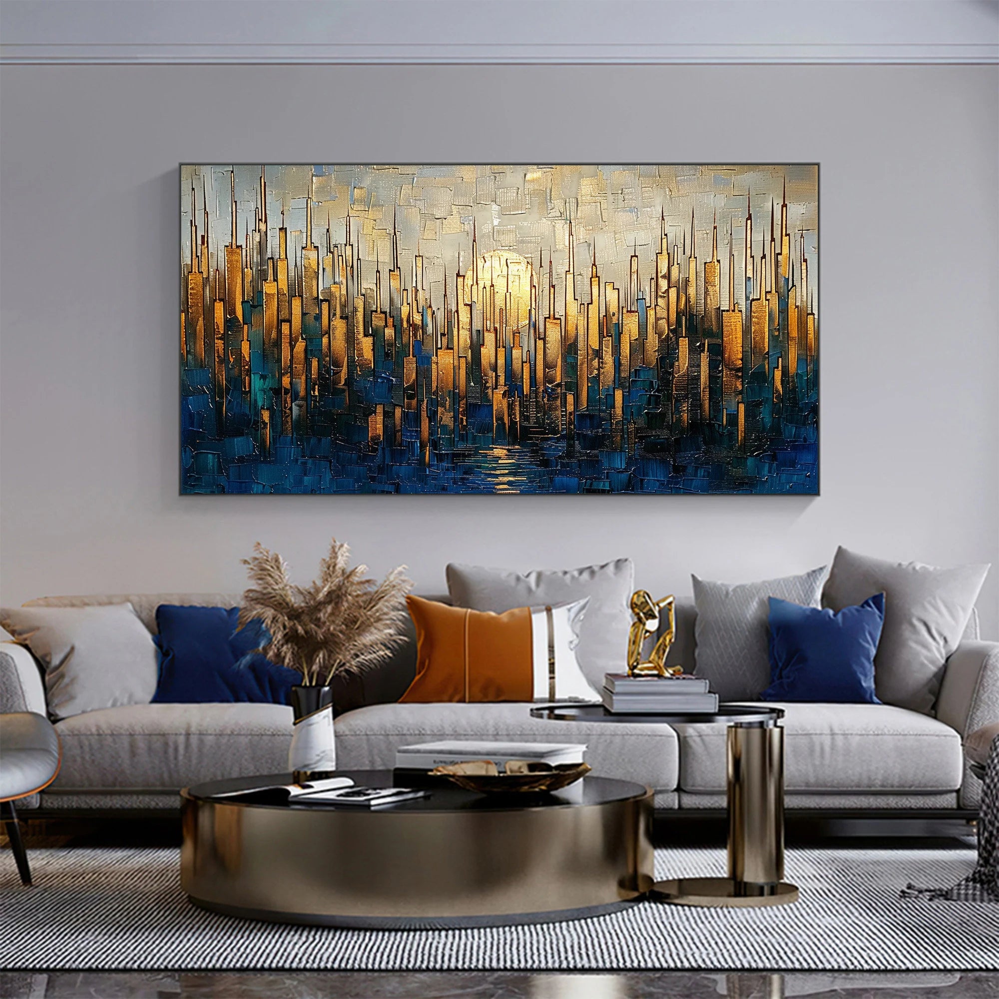 Glilded Horizon – Hand-Painted Blue and Gold Skyline Palette Knife Heavy Texture Oil Abstract Painting | Modern Abstract Living Room & Office Art