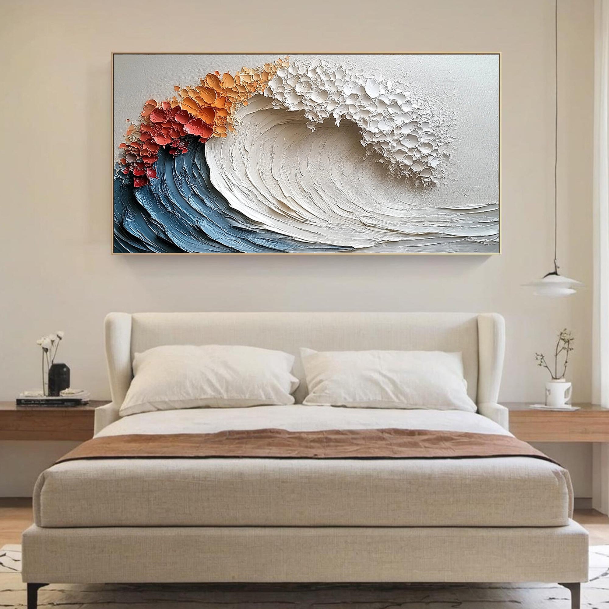 CRUSHING WAVE: Panoramic 3D Heavy Texture Ocean Wall Art, Modern Blue & White Wave Relief