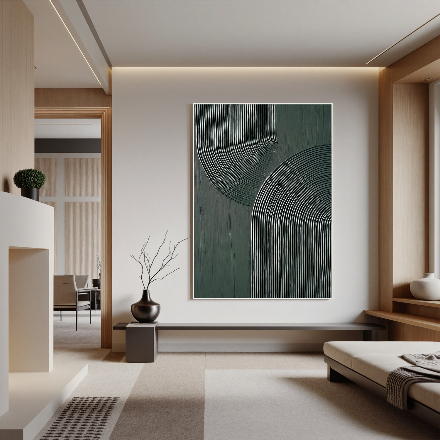 Silent Harmony – Modern Deep Green Textured Painting | Geometric Ribbed Plaster Hallway Art