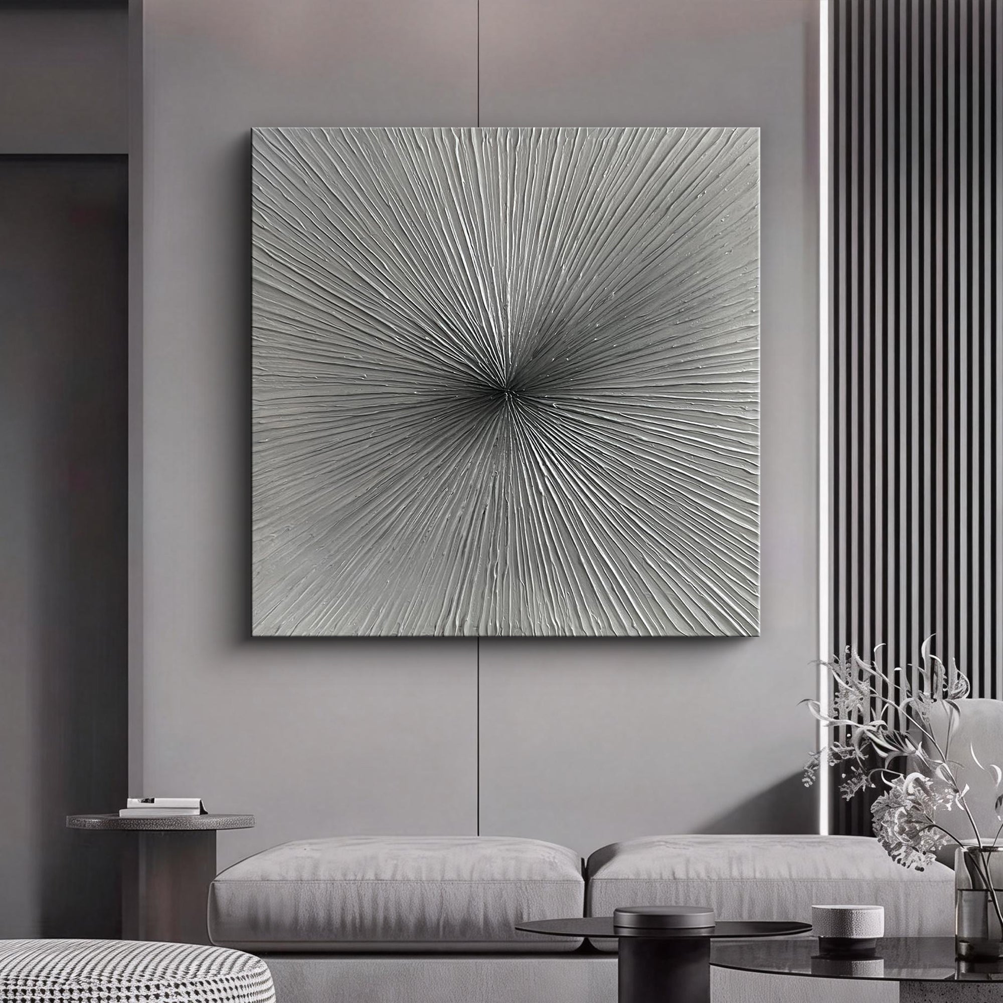 Silver Radiance – Textured Silver Gray Linear Abstract Painting | Modern Minimalist Living Room Wall Art