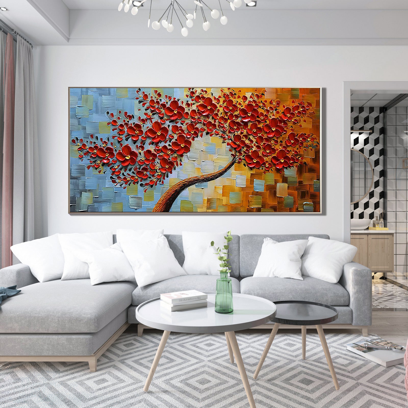 METALLIC RHYTHM: Luxury Black & Gold Geometric Painting, Panoramic 3D Round Textured Art