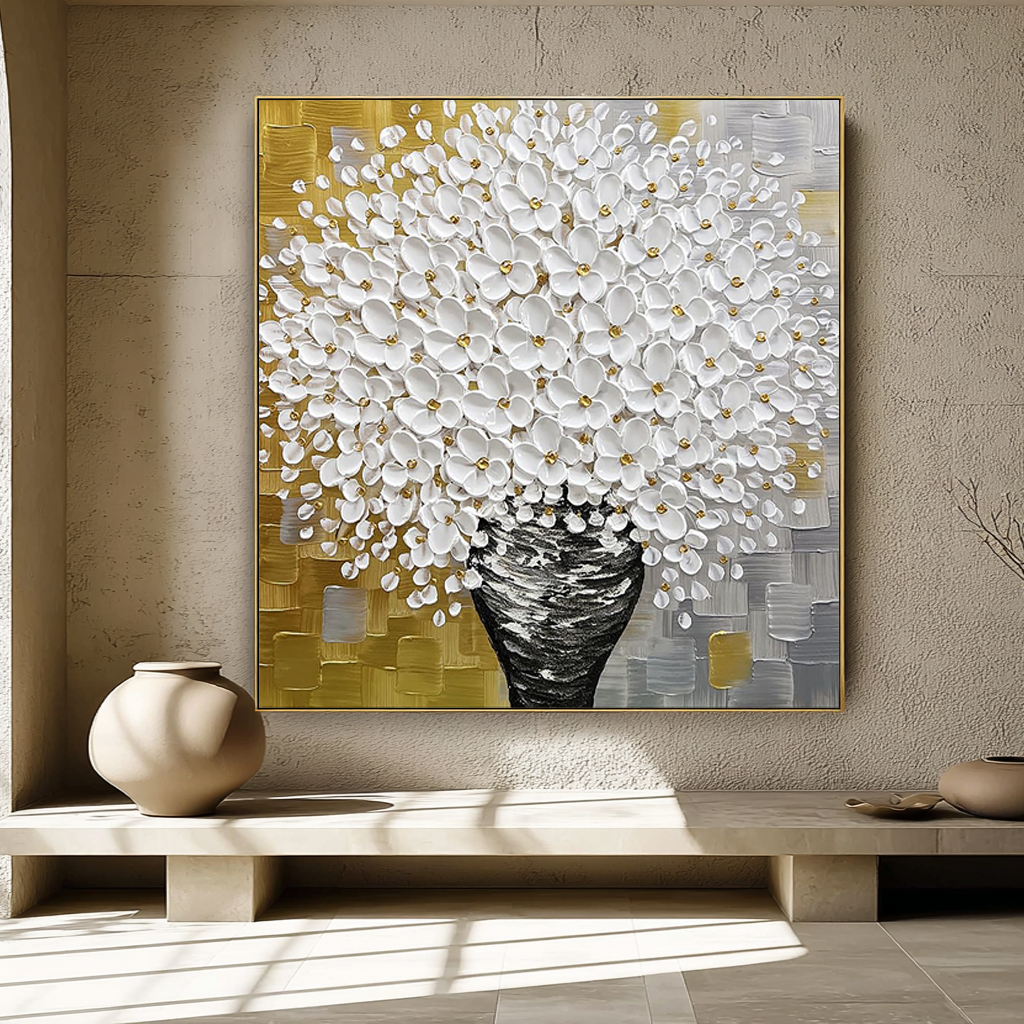 Golden Harvest – Luxury Gold and Grey Floral Relief Floral Painting | Modern Luxury Botanical Bedroom & Living Room Art