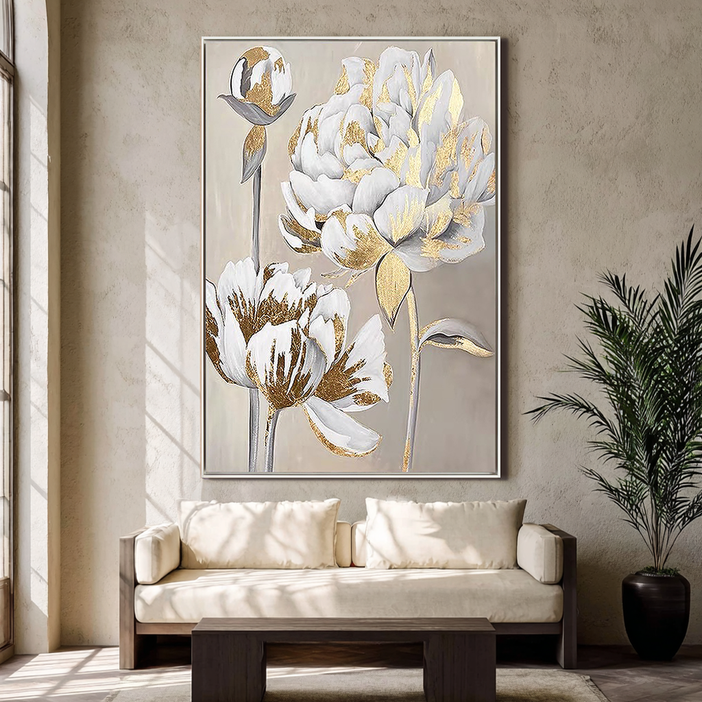 GOLDEN PEONY: Floral Wall Art, Hand-Painted Off-White and Gold Foil 3D Relief Plaster Effect Gallery Art