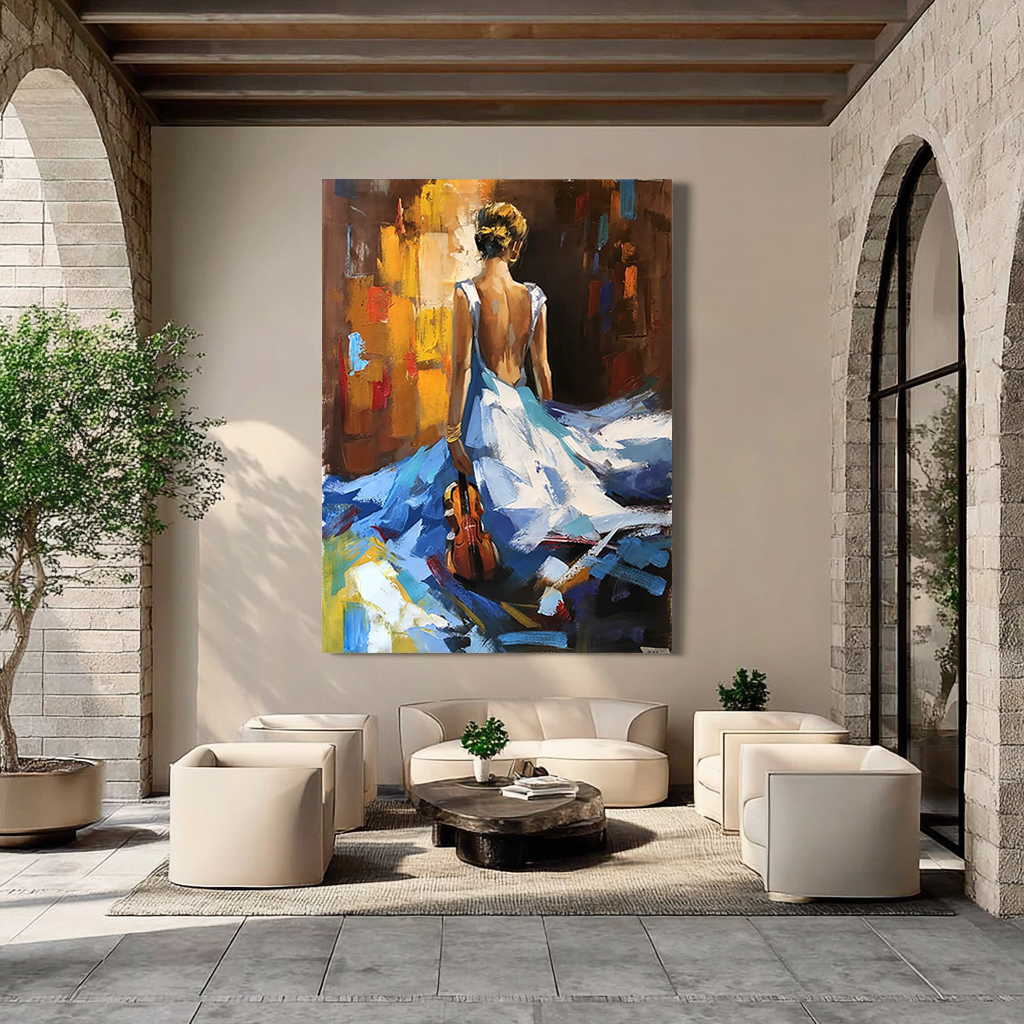 Azure Sonata – Elegant Lady in Blue Gown Impasto Painting | Contemporary Expressionist Living Room & Office Art