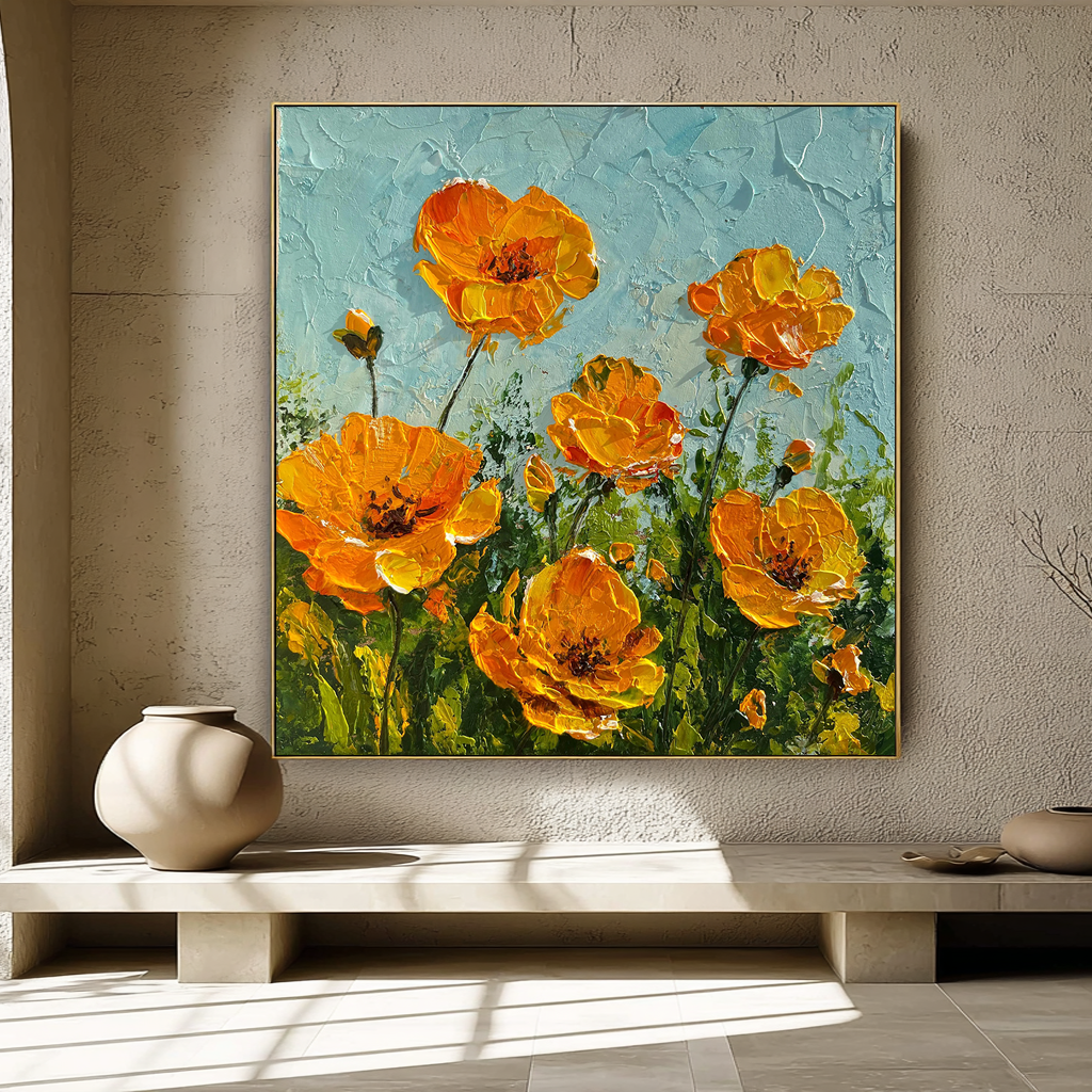 Amber Sunshine – Modern Impasto Orange Floral Oil Painting | Creative Textured Wildflower Hallway Art