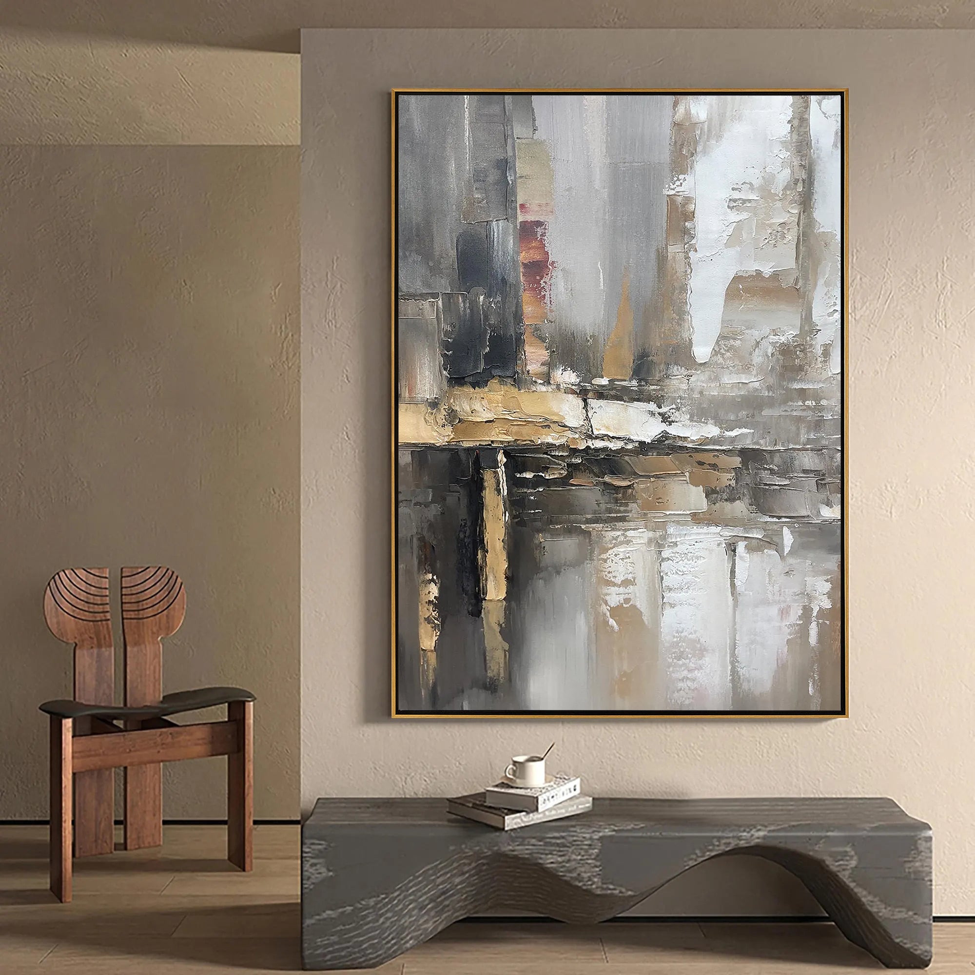 Earthen Core – Hand-Painted Grey and Gold Soil Tone Palette Knife Abstract Painting | Japandi Wabi-Sabi Living Room & Bedroom Art