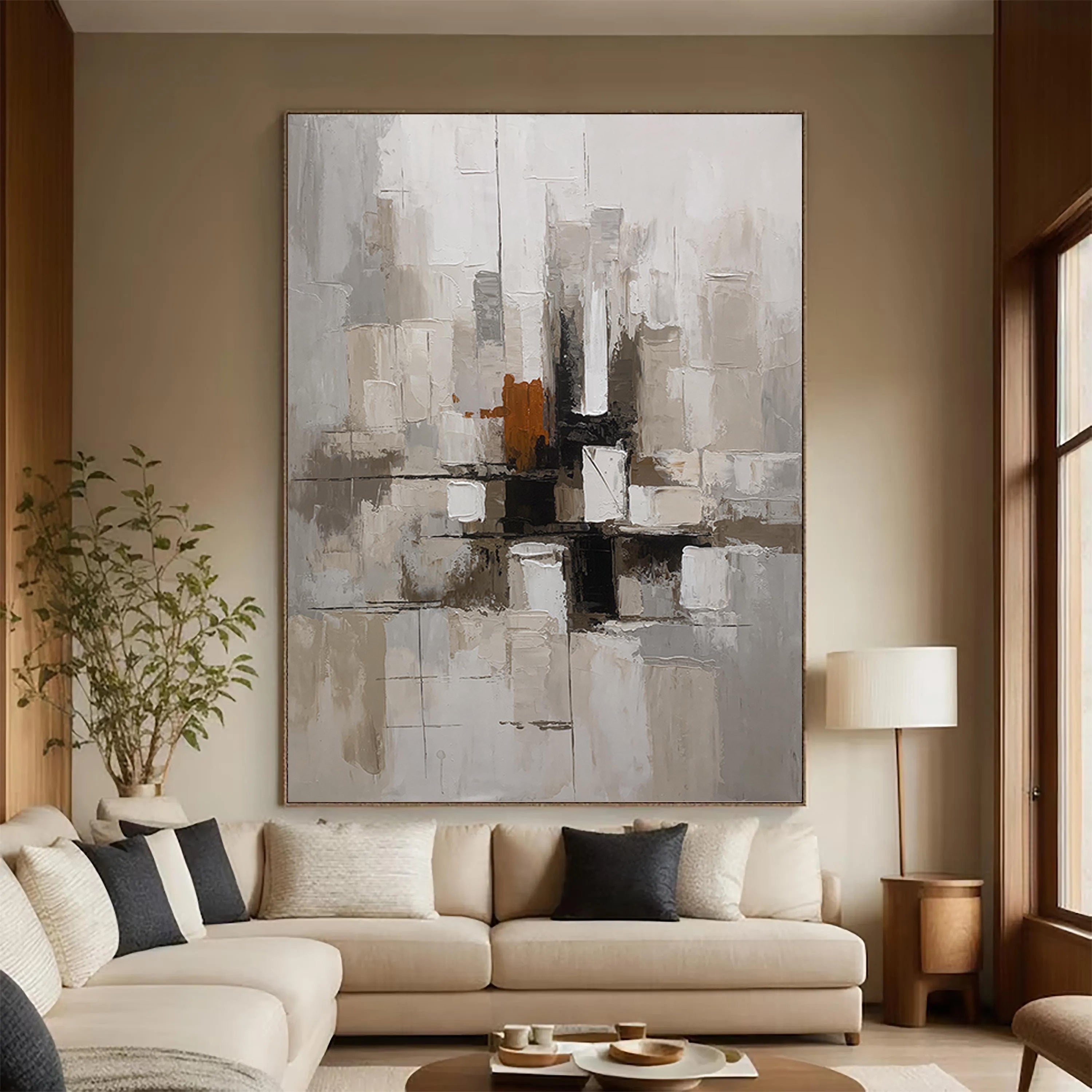 Urban Cross – Hand-Painted Industrial Grey Geometric Palette Knife Abstract Painting | Modern Abstract Living Room & Office Art
