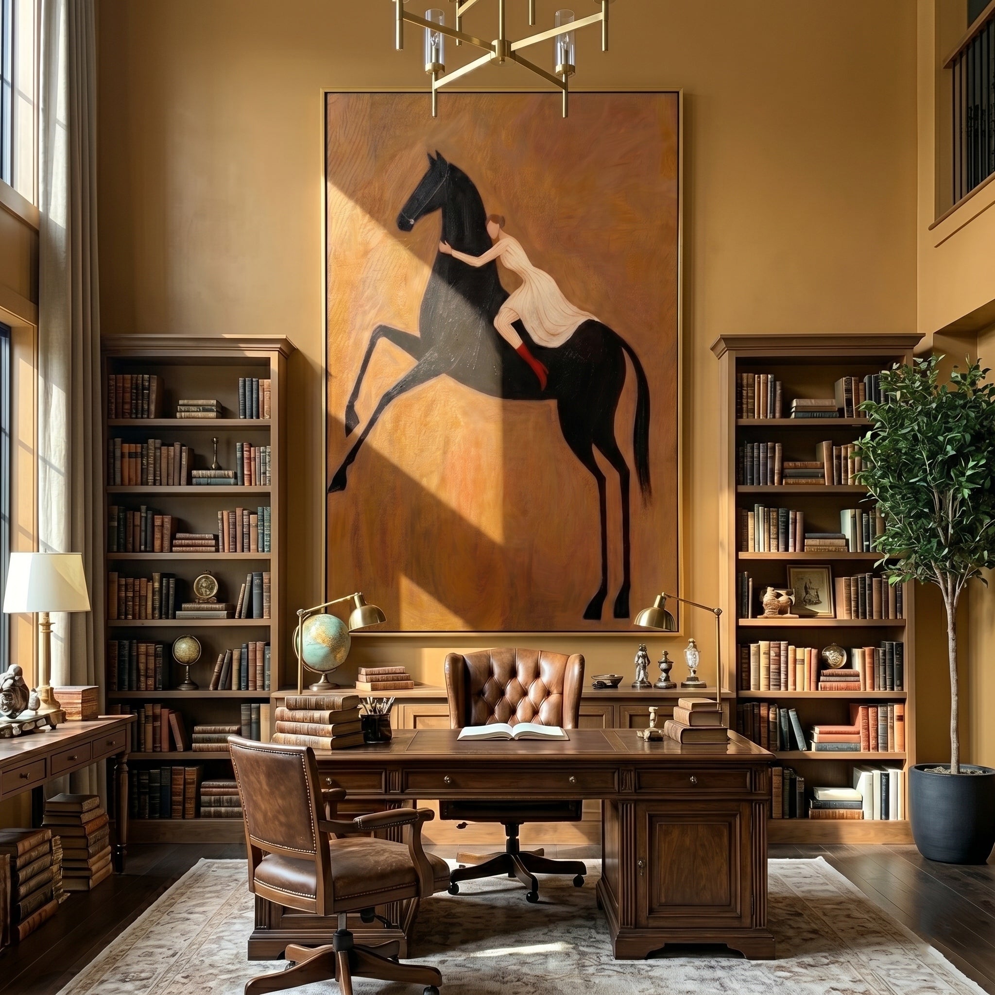 The Wild Embrace – Modern Romanticism Black Horse & Girl Painting | Rustic Caramel Home Office Art
