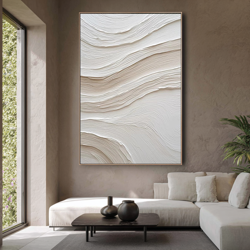 Sandstone Ripple – Hand-Painted Plaster Effect White Wave Relief Minimalist Painting | Japandi Organic Wabi-Sabi Living Room & Hallway Art