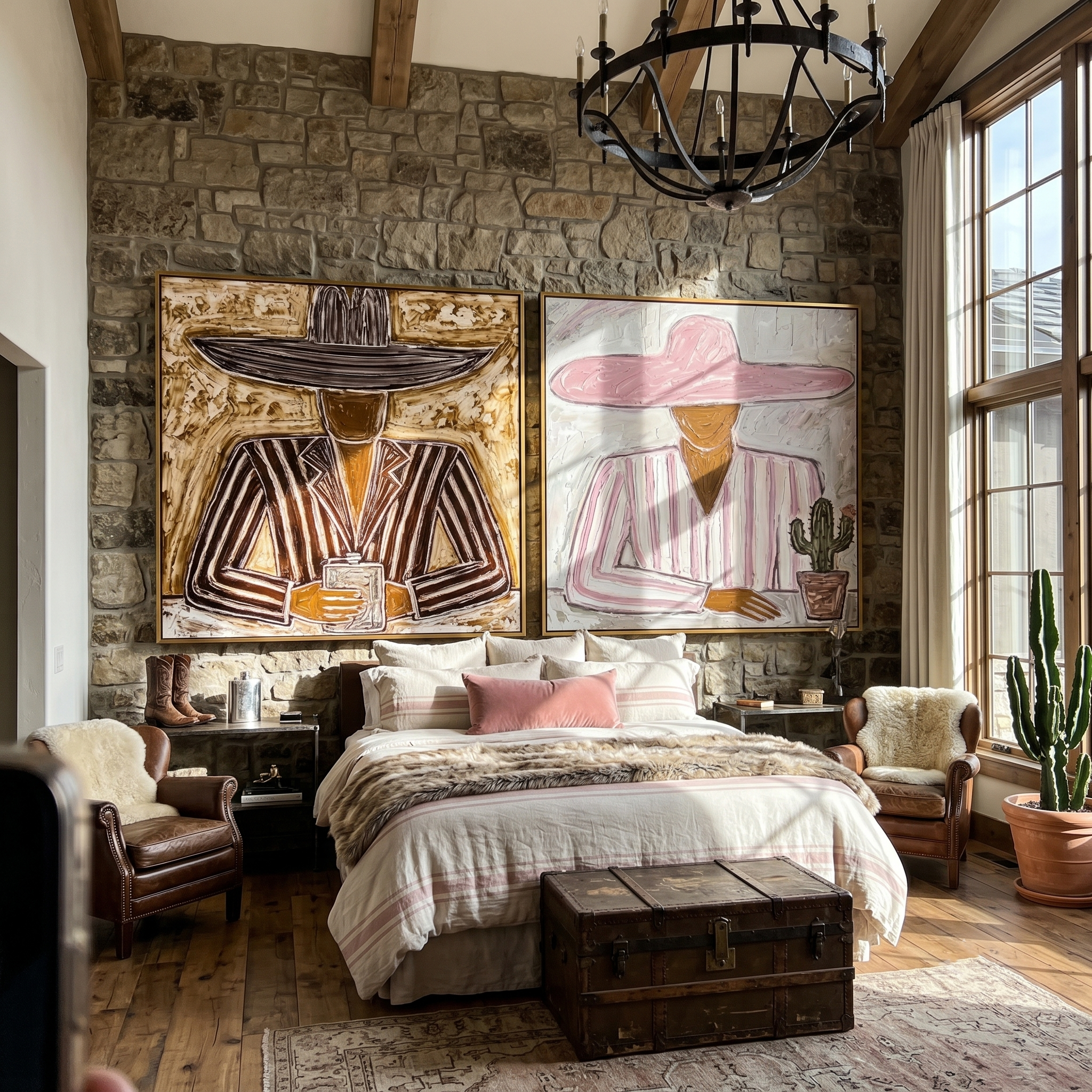 Hat & Cactus Diptych – Vintage Americana Two Sombrero Figures Two-Panel Painting | Colorful Rustic Living Room Art