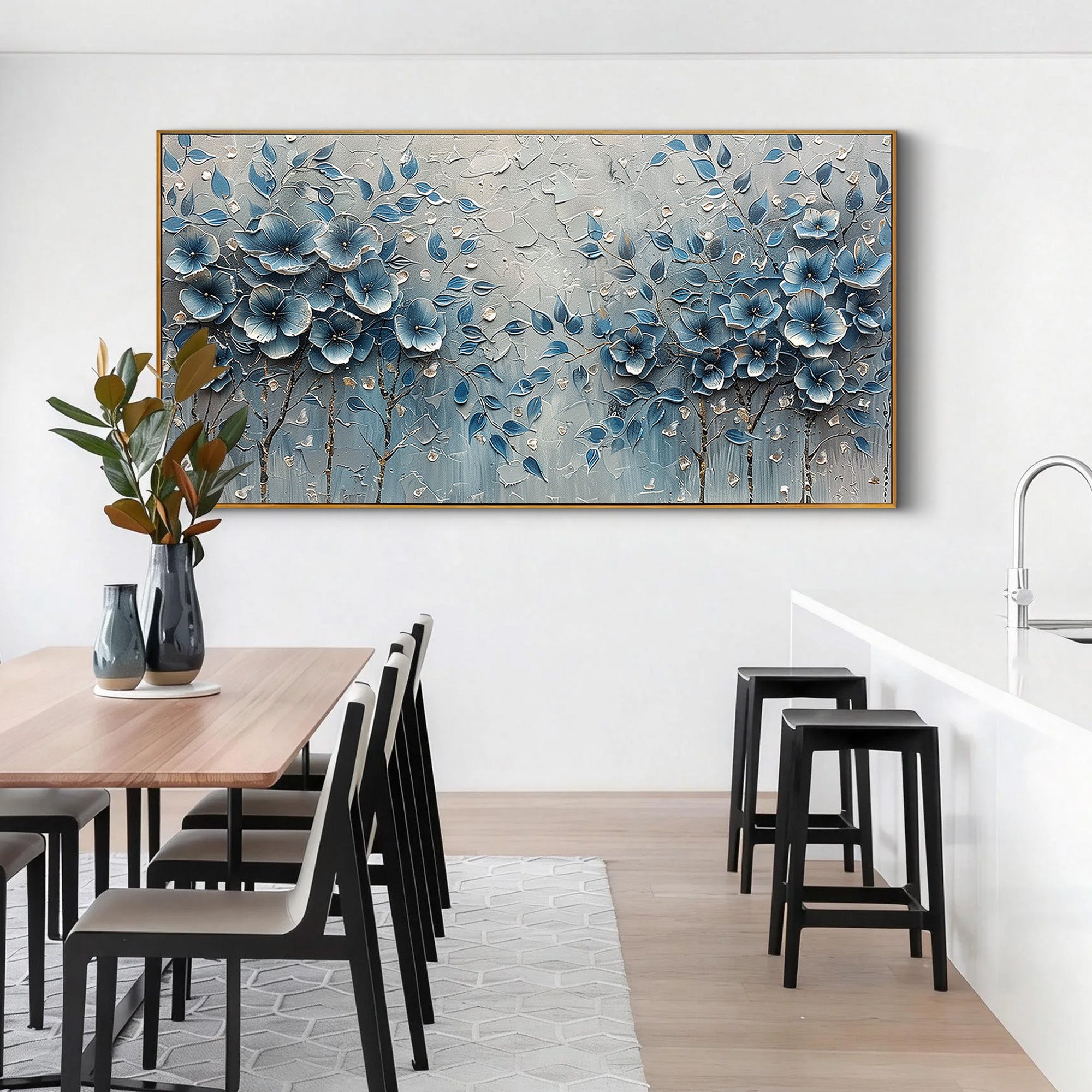MIDNIGHT NAVY: Panoramic Heavy Texture Floral Oil Painting, 3D Blue Flower Wall Art