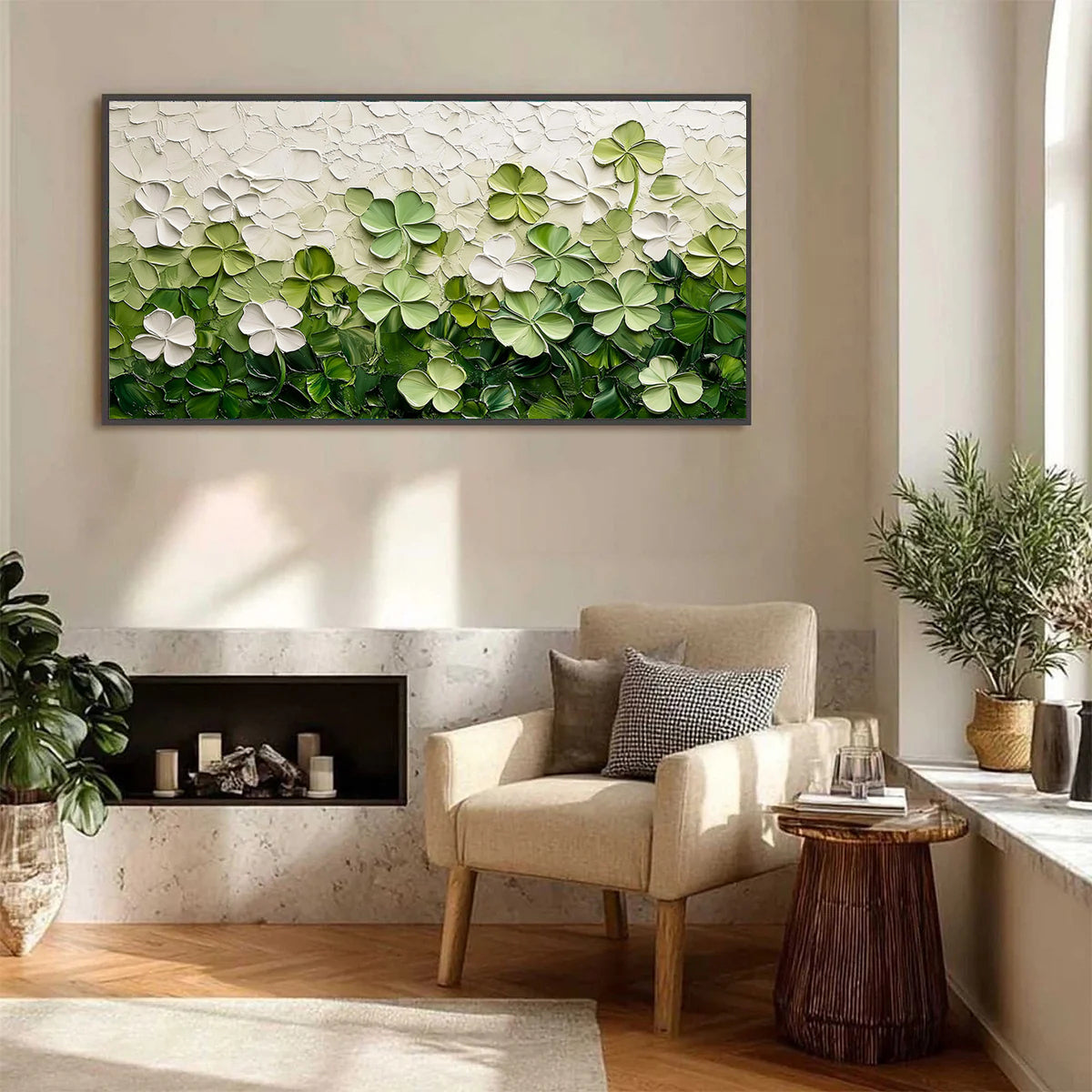 Lucky Meadow – Hand-Painted Green Clover Field Palette Knife Layered Floral Painting | Tropical Botanical Bedroom & Dining Room Art