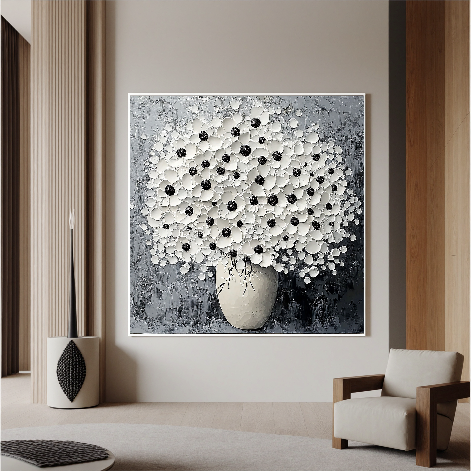 Monochrome Bloom – Modern Textured Black and White Floral Painting | Minimalist Impasto Still Life Vase Hallway Art