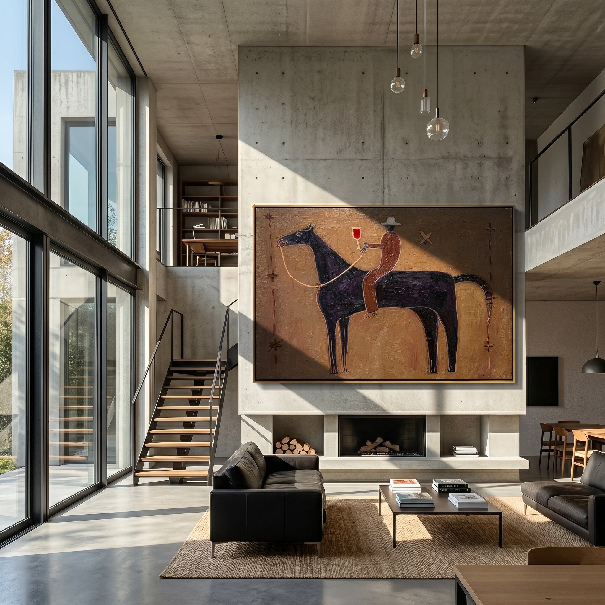 The Midnight Toast – Primitivism Cowboy & Horse Painting | Rustic Modernist Living Room Art