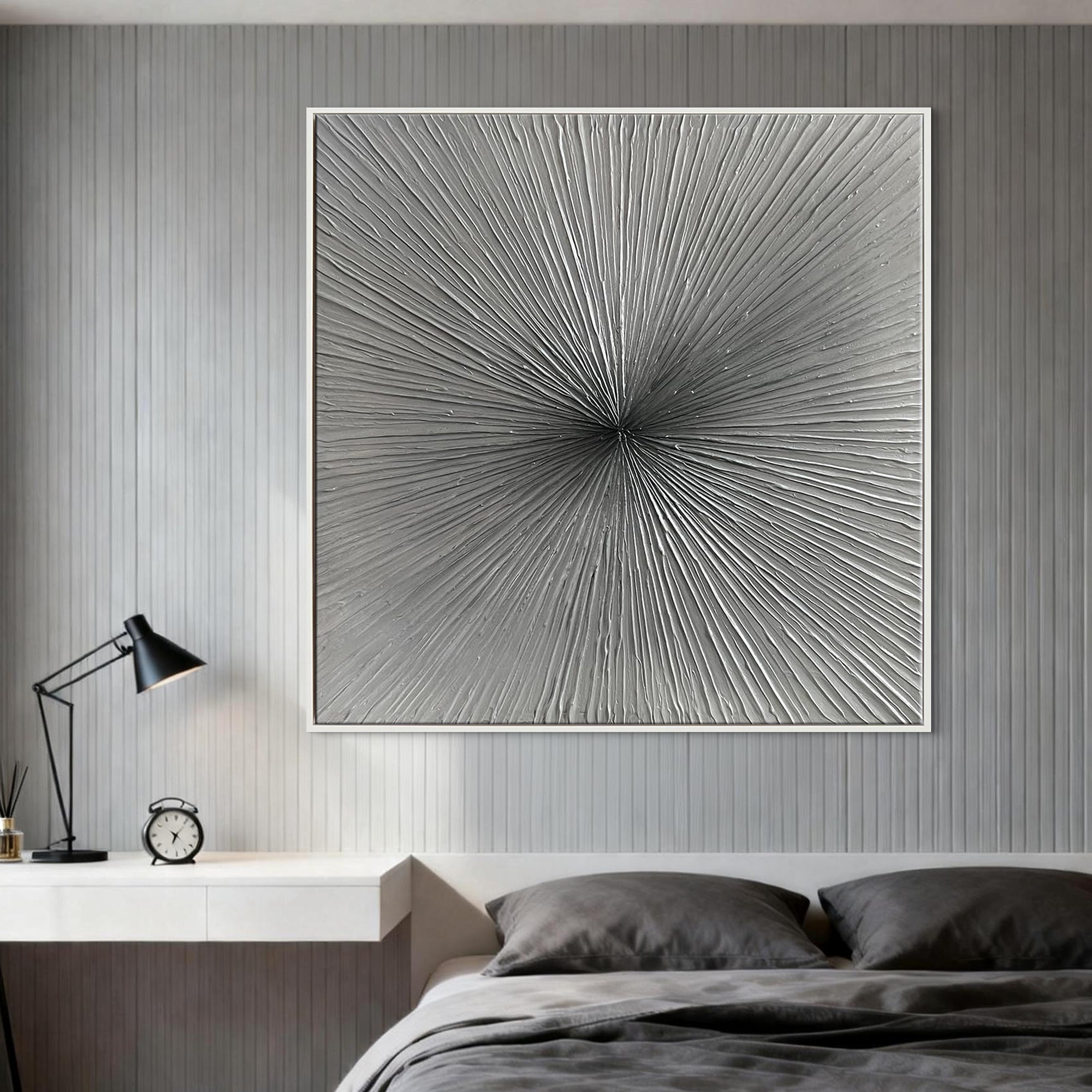 Silver Radiance – Textured Silver Gray Linear Abstract Painting | Modern Minimalist Living Room Wall Art