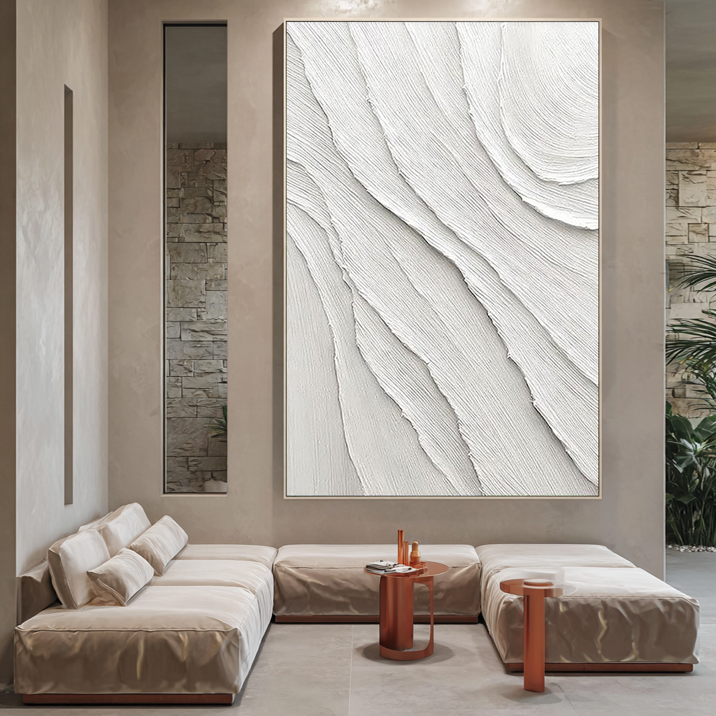 Pure Ripple – Hand-Painted Plaster Effect White Wave Relief Abstract Texture Painting | Modern Abstract Living Room & Office Art