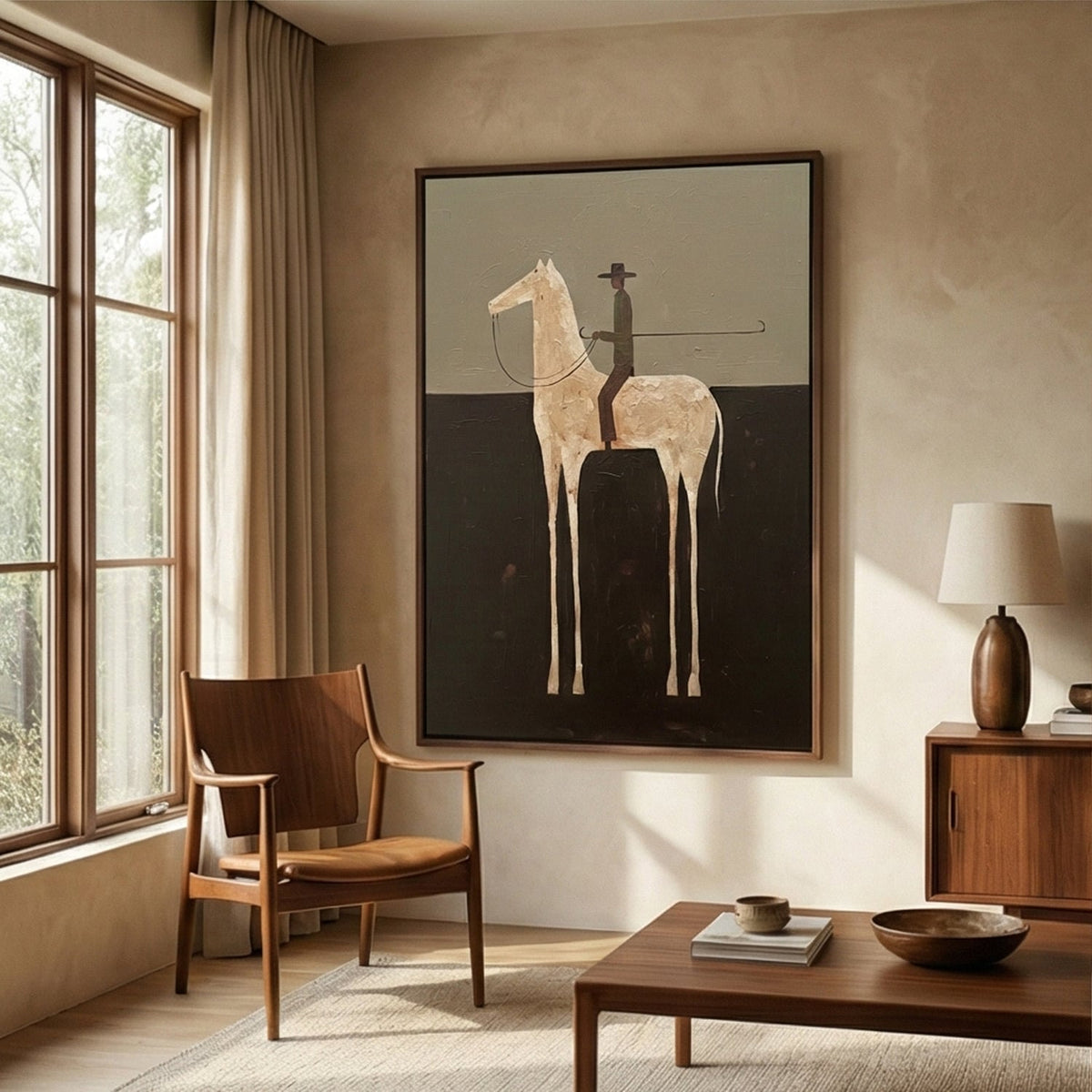 Ivory Rider After Midnight – Minimalist White Horse Rider Painting | Dark Vertical Western Wall Art