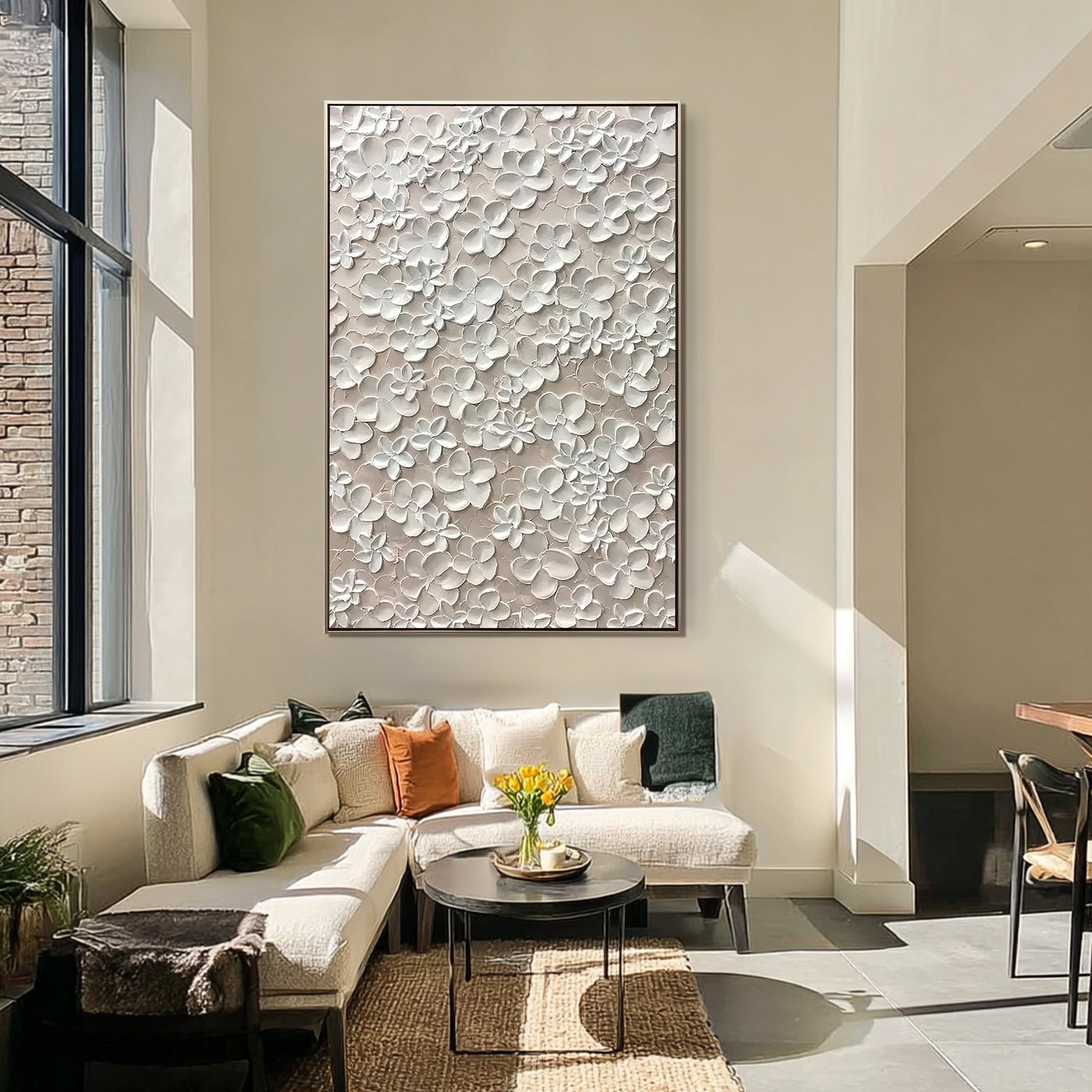 PURE BLOSSOM: Floral Wall Art, Hand-Painted All-Over White Flower Relief 3D Plaster Effect Heavy Texture Studio Art