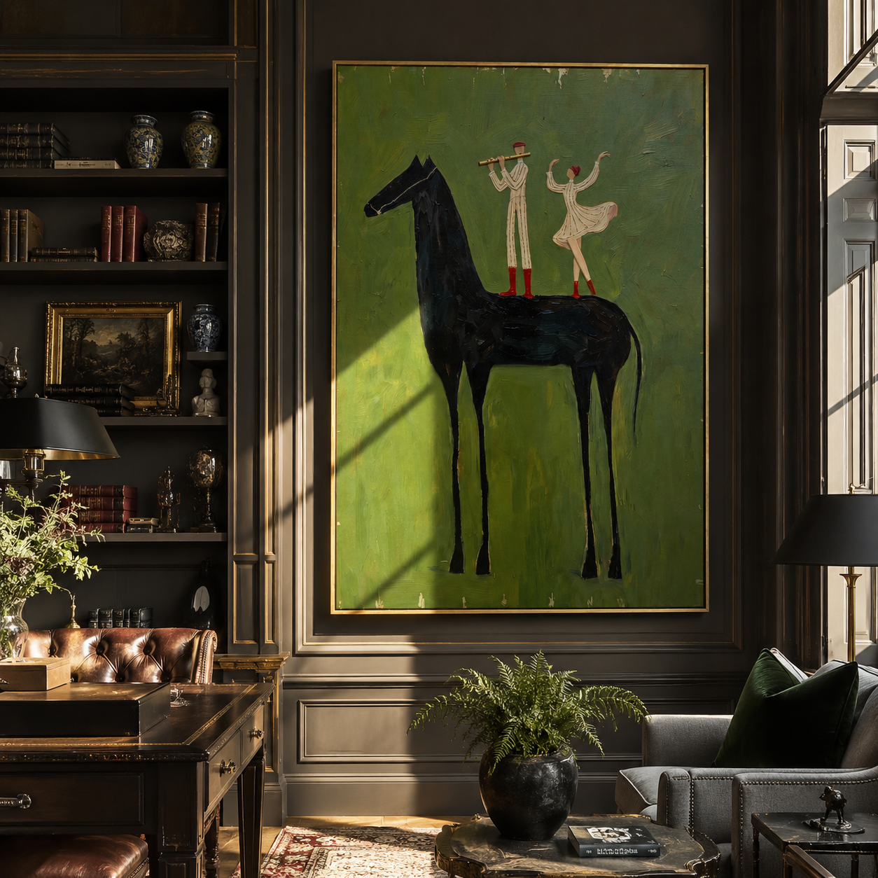 The Forest Serenade – Magical Realism Olive Green Painting | Whimsical Vertical Dining Room Art