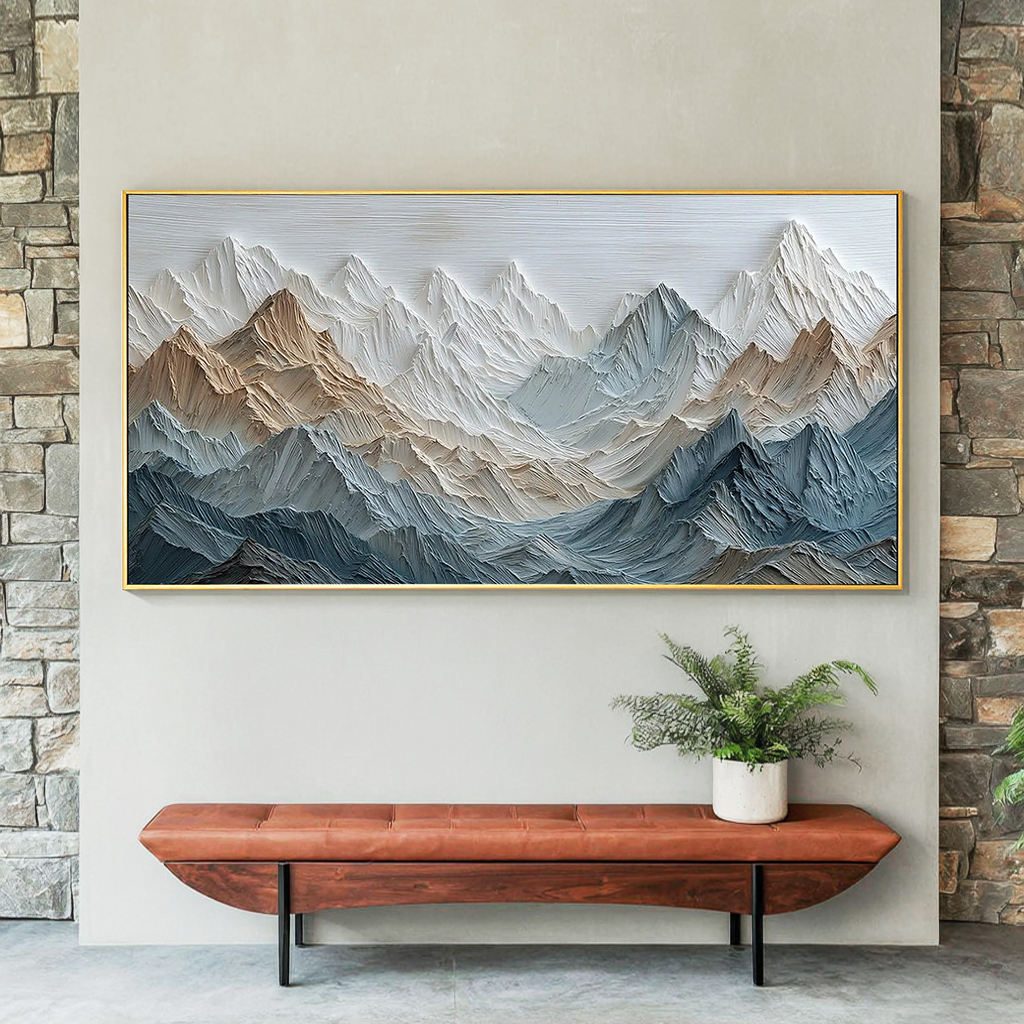 EARTHEN PEAKS: Panoramic 3D Heavy Texture Mountain Wall Art, Modern Snow Peak Relief Painting