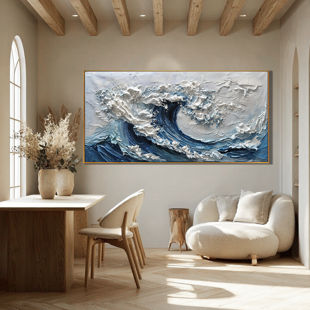 Arctic Surge – Hand-Painted Deep Blue and White 3D Impasto Palette Knife Texture Painting | Modern Abstract Living Room & Office Art