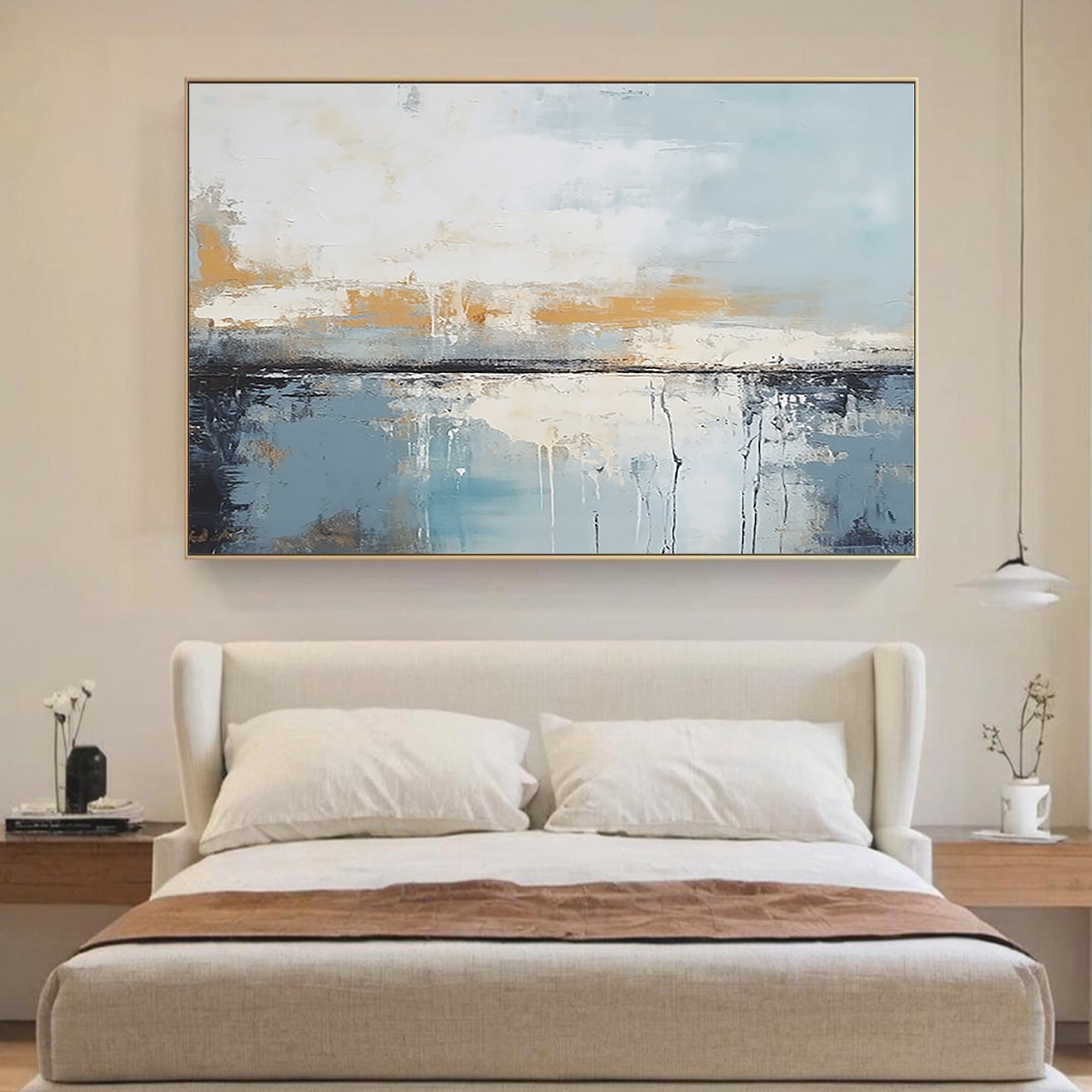 Ethereal Horizon – Modern Blue & Gold Palette Knife Relief Abstract Painting | Modern Abstract Living Room & Office Art