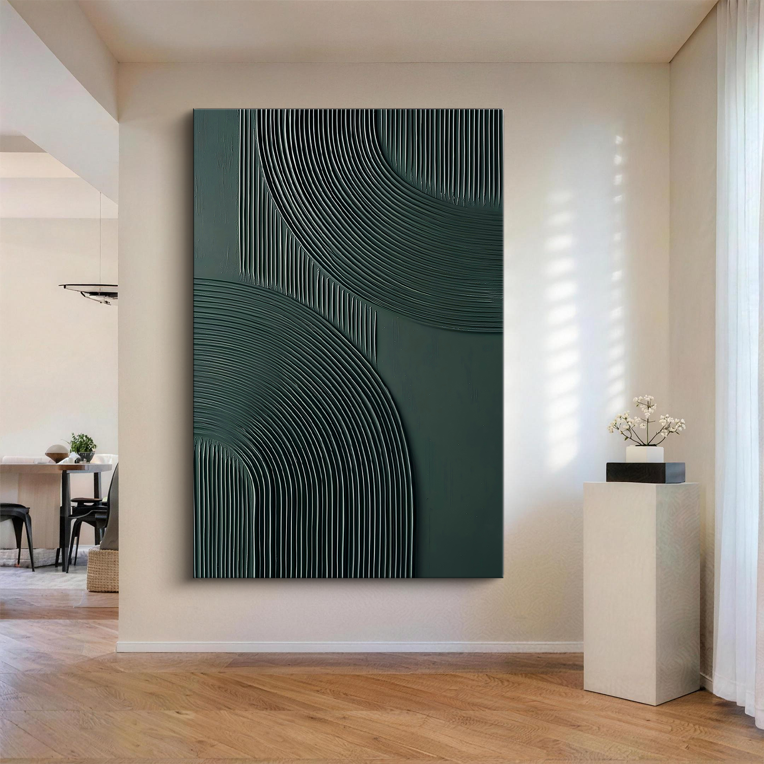 Forest Whispers – Mid-Century Modern Deep Green Textured Painting | Geometric Ribbed Plaster Hallway Art