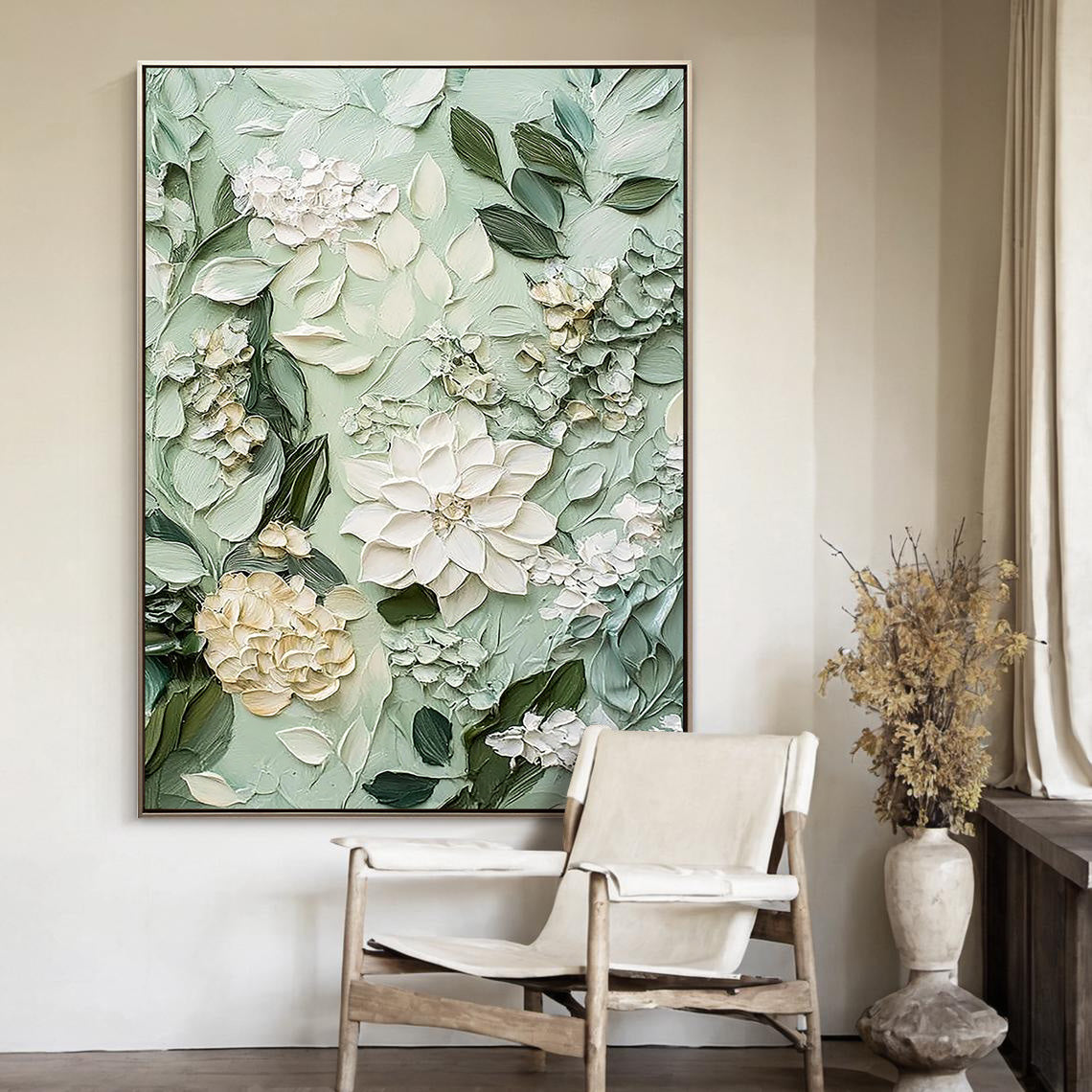 SAGE BLOSSOM: Floral Wall Art, Hand-Painted Sage Green and Creamy White 3D Impasto Heavy Texture Studio Art