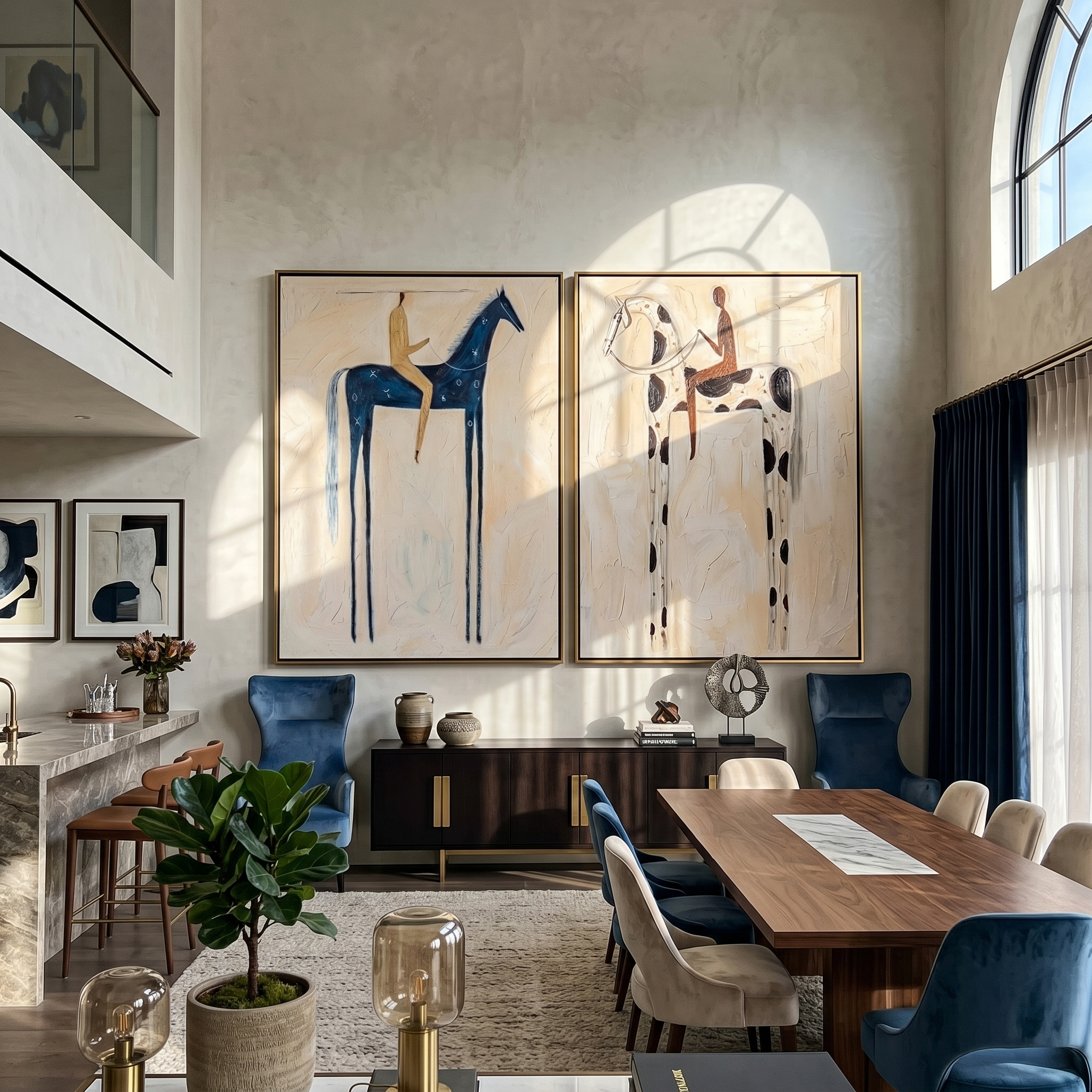 Blue & Spot Diptych – Vintage Americana Two Folk Riders Two-Panel Painting | Wabi-Sabi Living Room Art