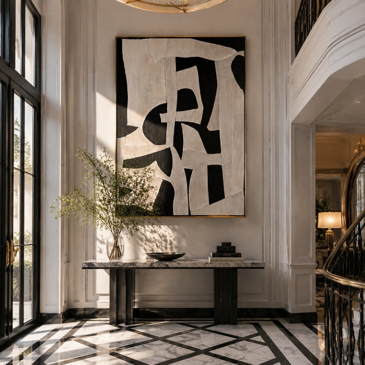 The Shifting Balance – Minimalist Black & Off-White Crackle Painting | High-End Abstract Hallway Art
