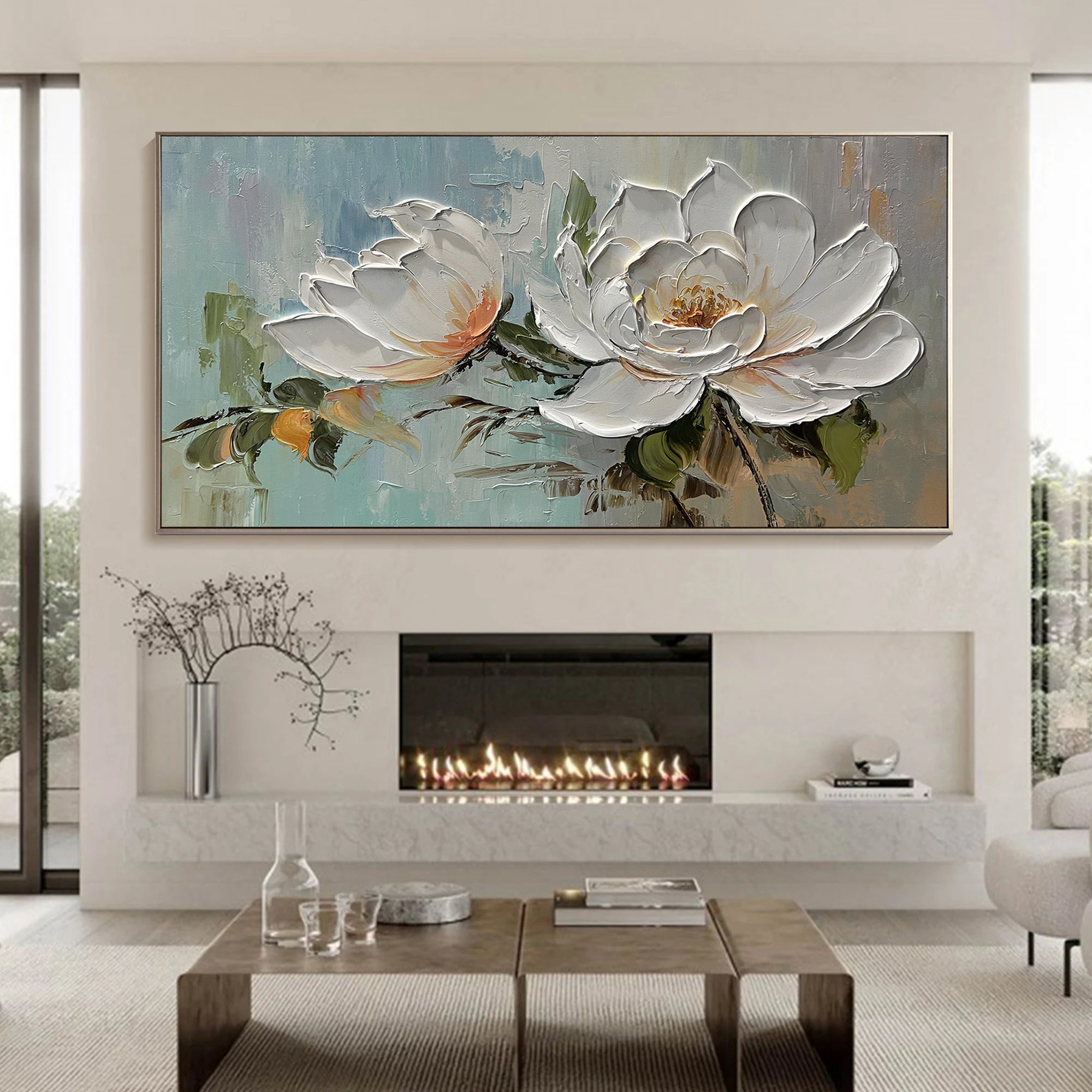 Magnolia Calm – Modern French Luxury Magnolia Floral Textured Painting | Large Horizontal Bedroom Art