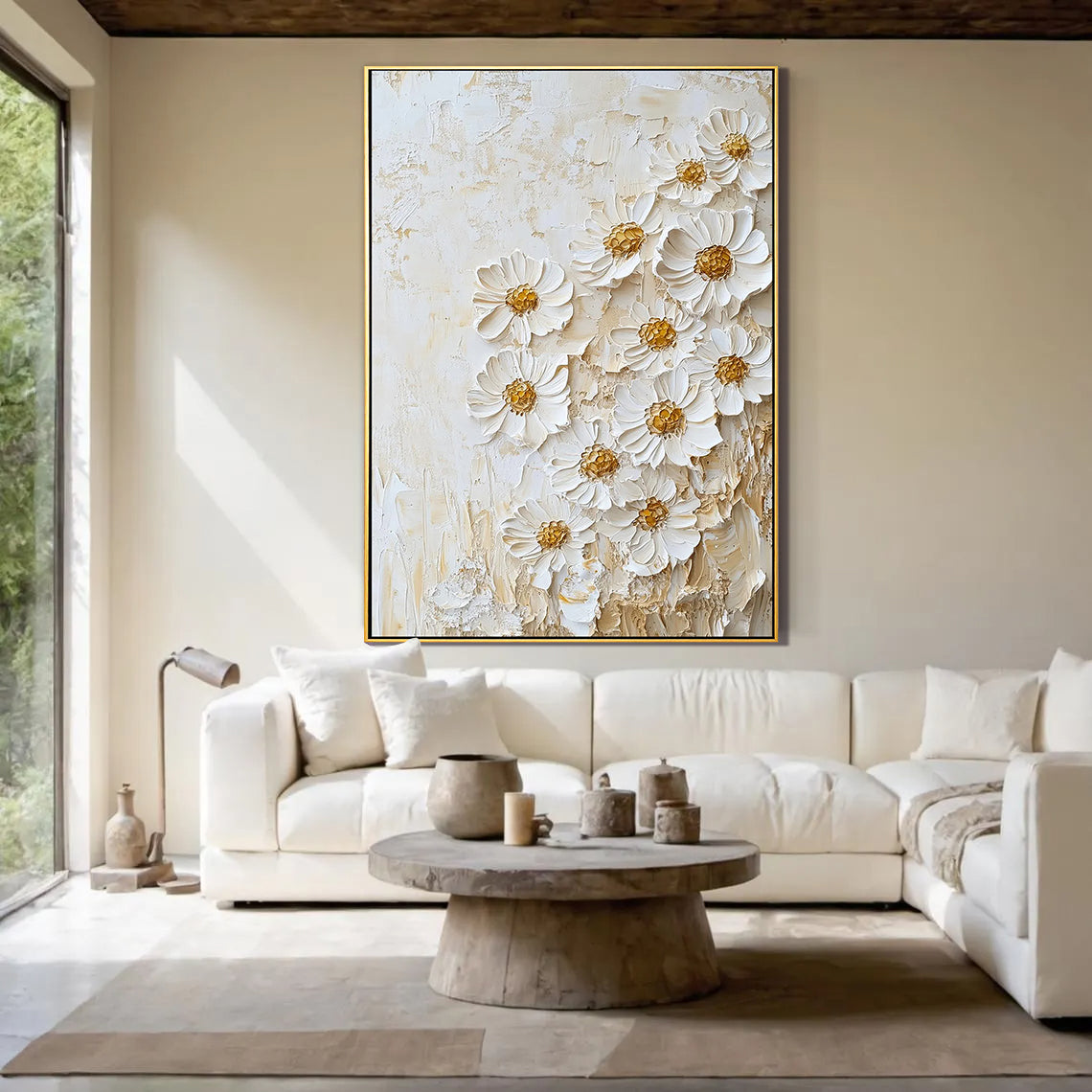PURE ELEGANCE: 3D Floral Wall Art, Creamy White Plaster Effect Impasto Daisy Art Painting