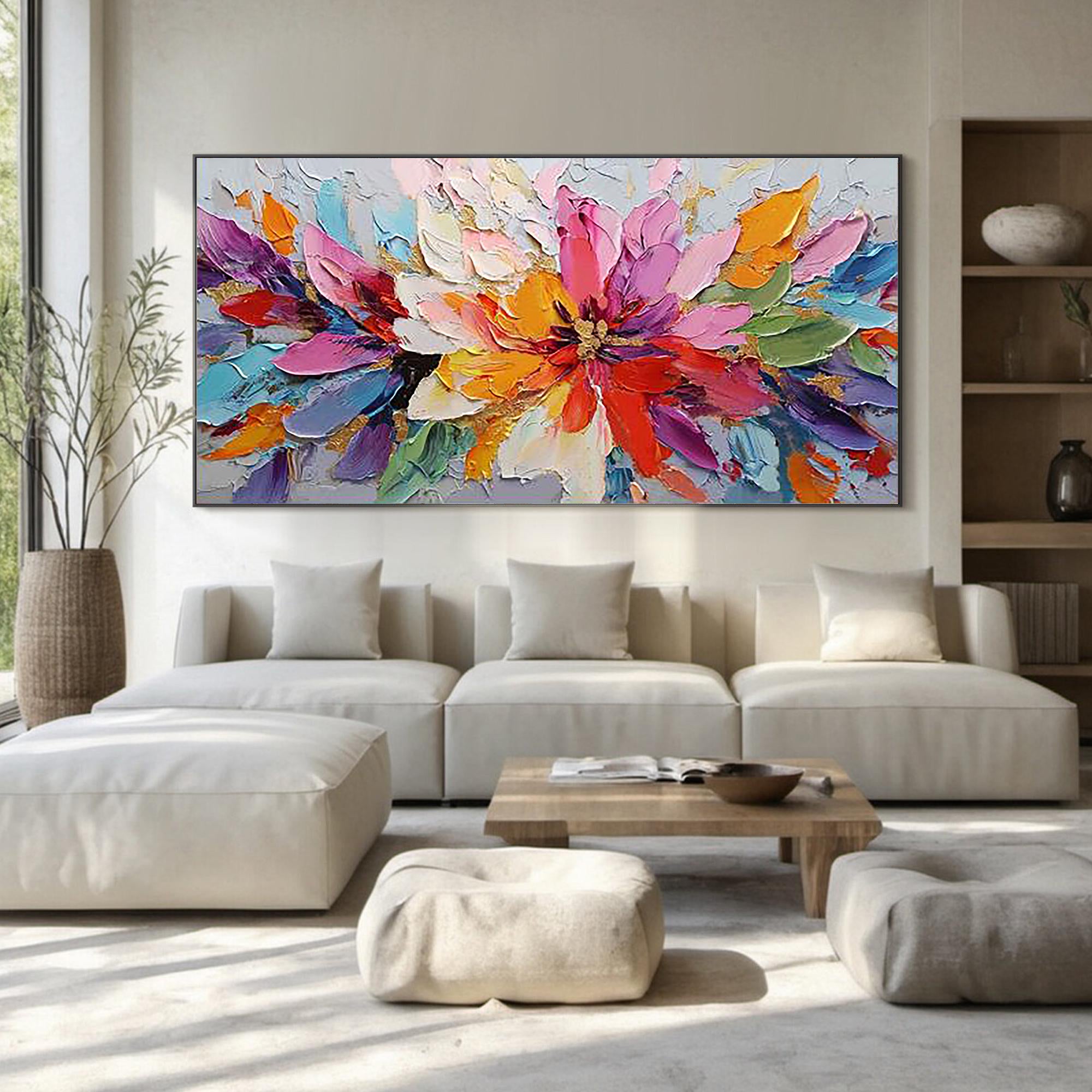 Vibrant Eruption – Modern Abstract Expressionist Oil Painting | Impasto Floral Texture Living Room Art