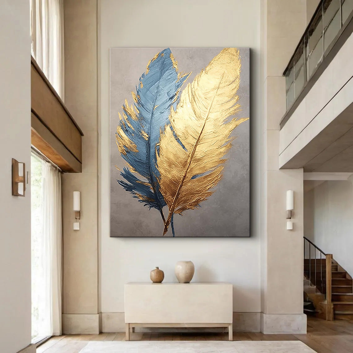 Golden Plume – Hand-Painted Navy Blue and Gold Foil Feather Abstract Painting | Modern Abstract Living Room & Office Art