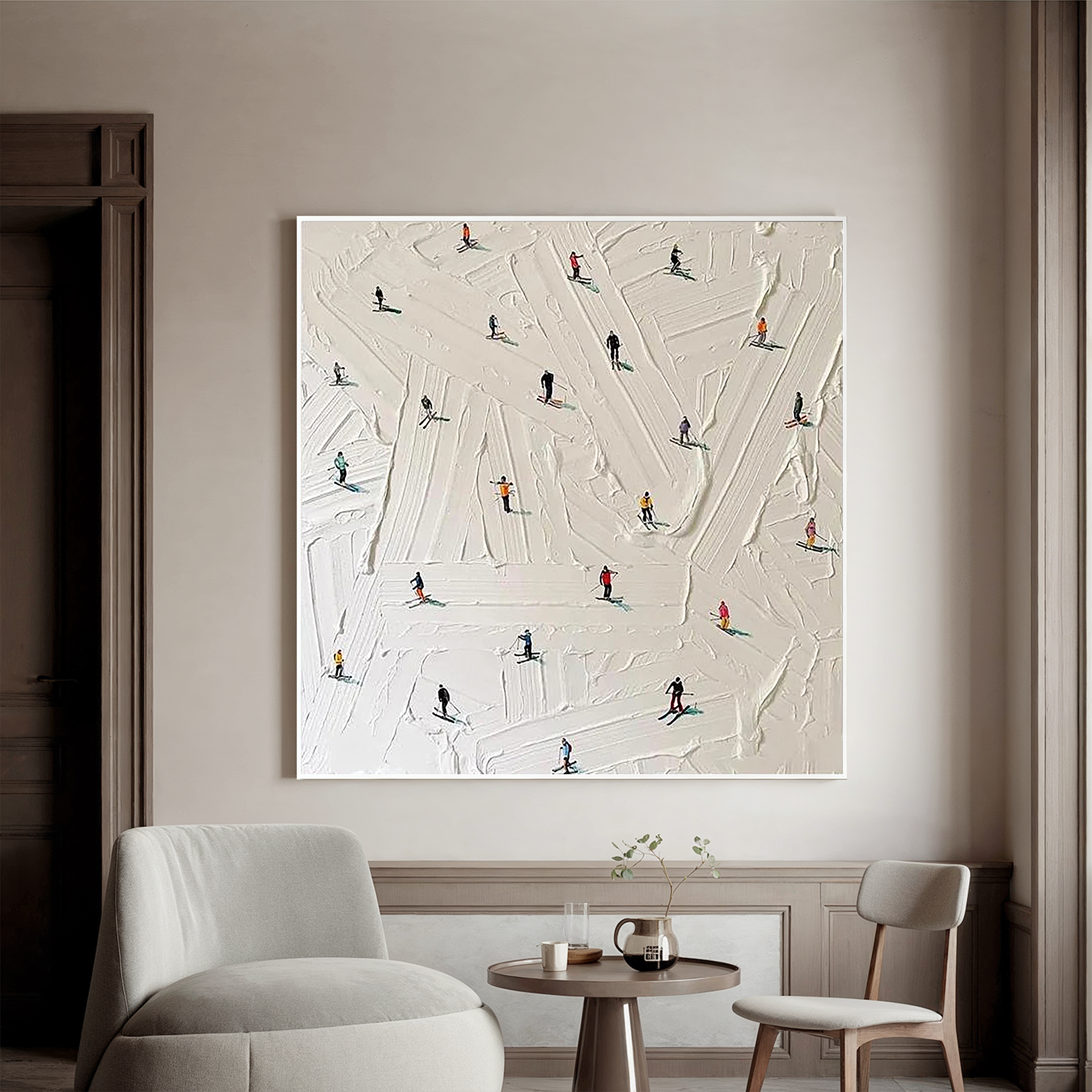Winter Slopes – Modern Textured Skiing Scene Painting | Minimalist Miniature Figures Entryway Art