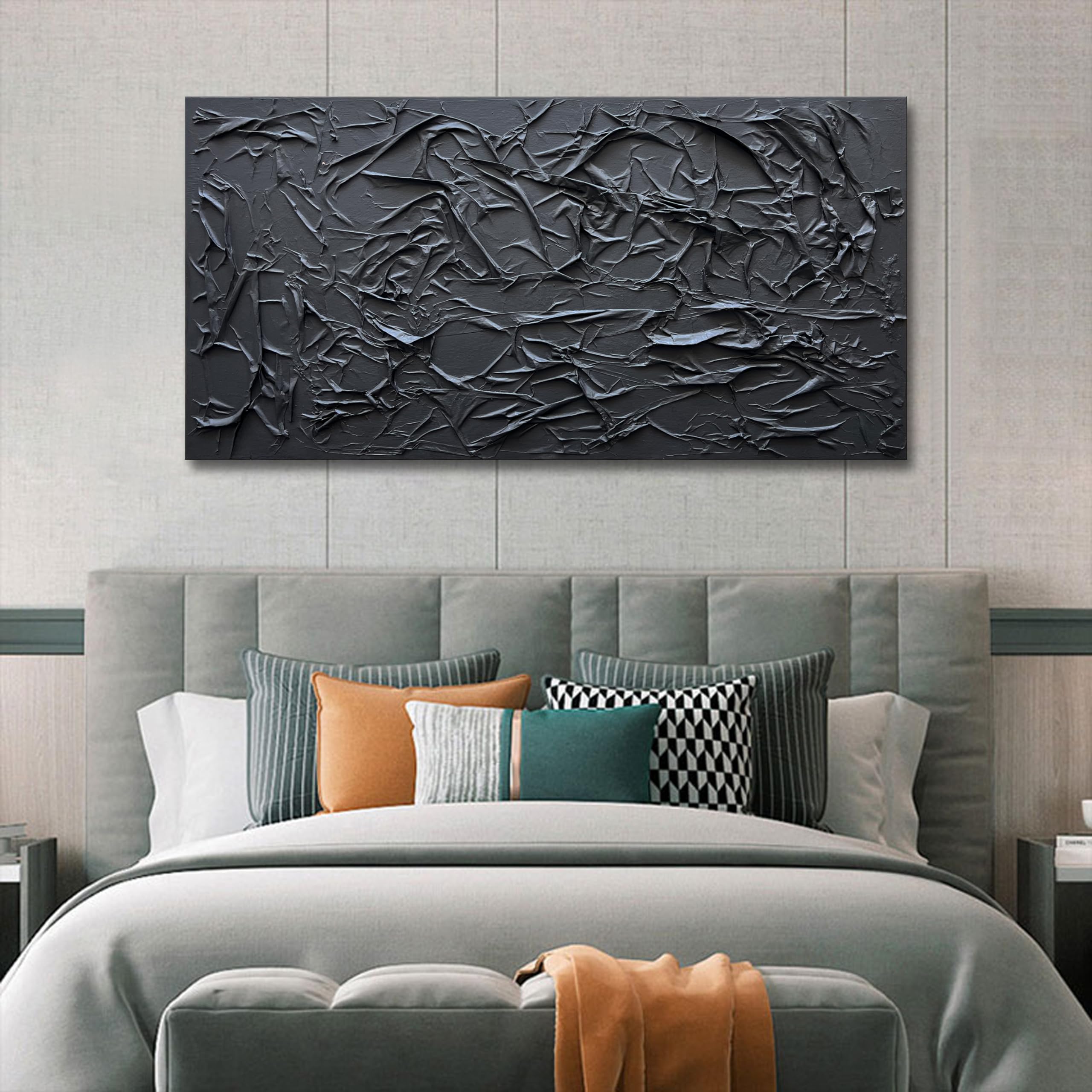 Onyx Ridge – Modern Obsidian Plaster Relief Abstract Painting | Industrial Abstract Home Office & Living Room Art