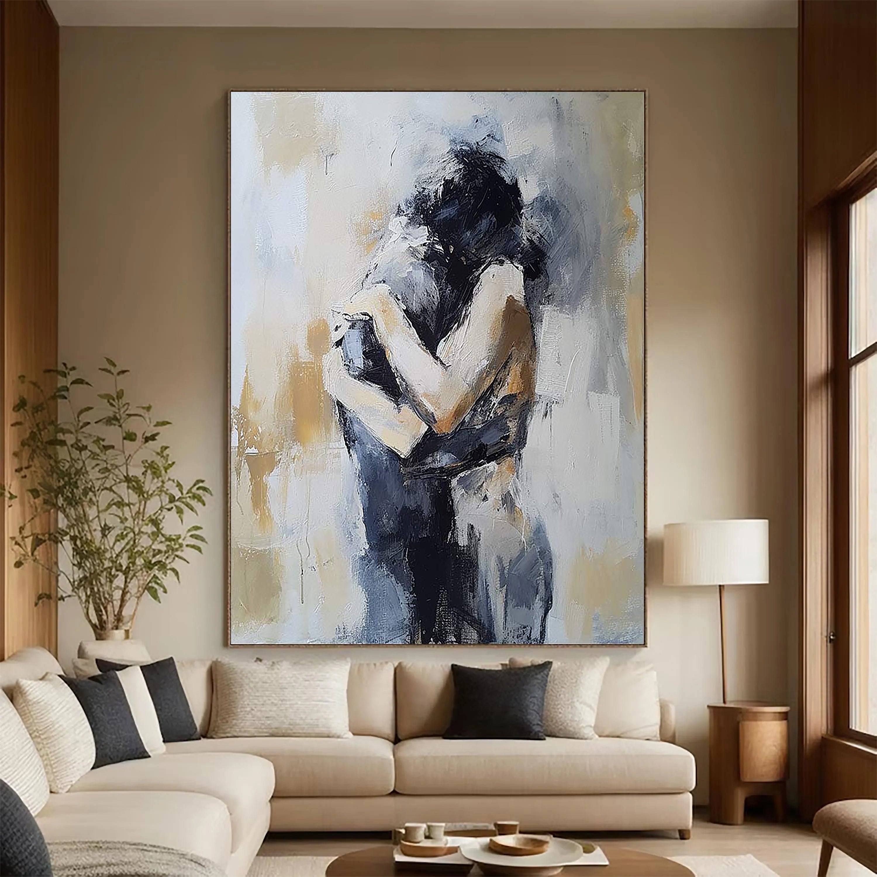 Silent Embrace – Heavy Texture Couple Silhouette Portrait Painting | Contemporary Expressionist Living Room & Office Art