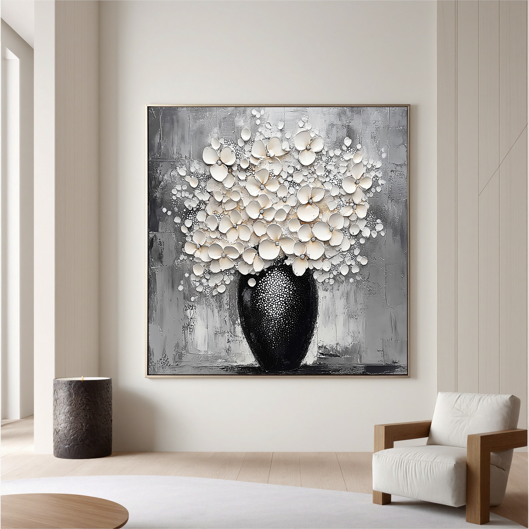 Blossoms in Relief – Modern Textured Floral Bouquet Painting | Luxury Black and White Still Life Vase Dining Room Art