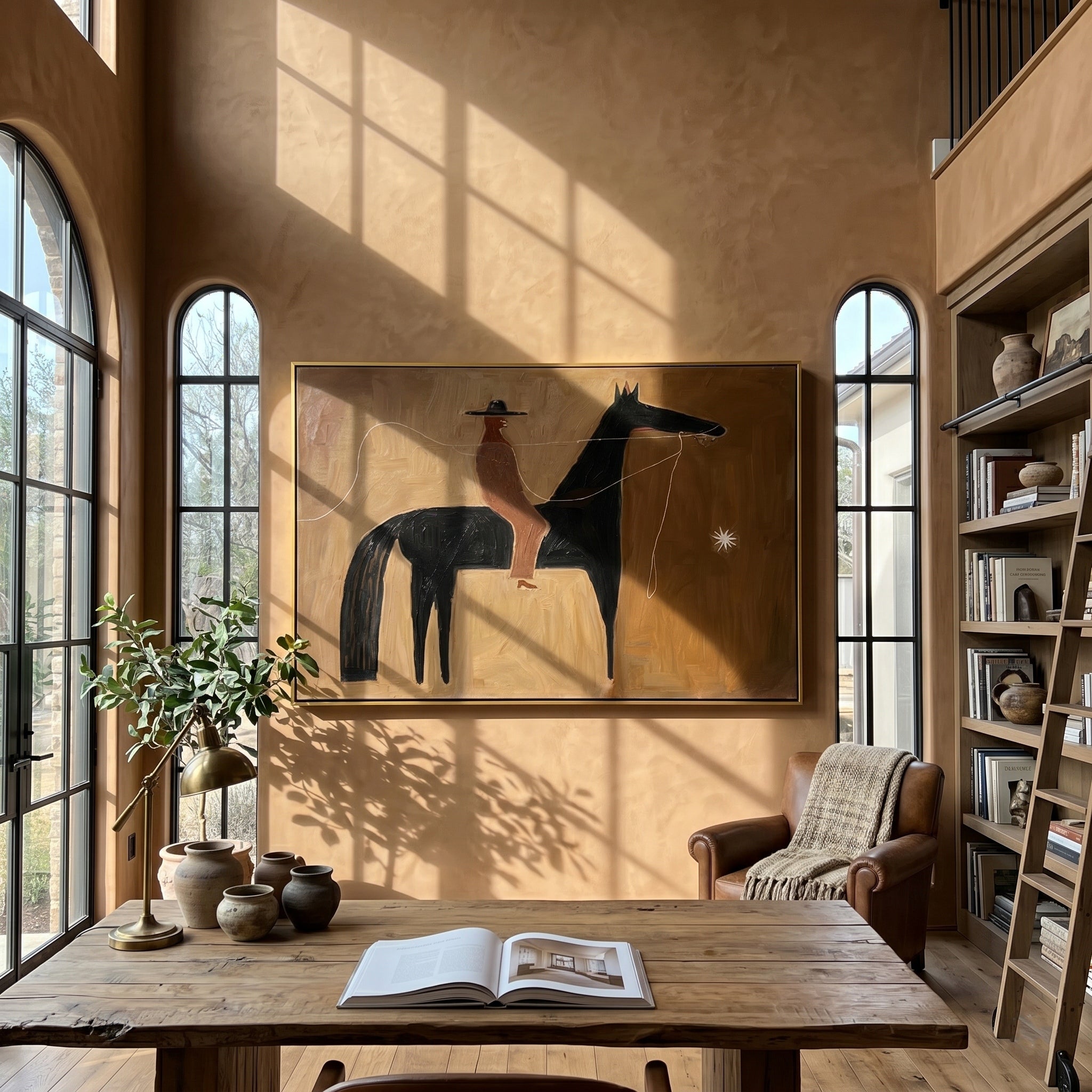 Guiding Star – Minimalist Western Rider & Black Horse Painting | Rustic Modernist Home Office Art