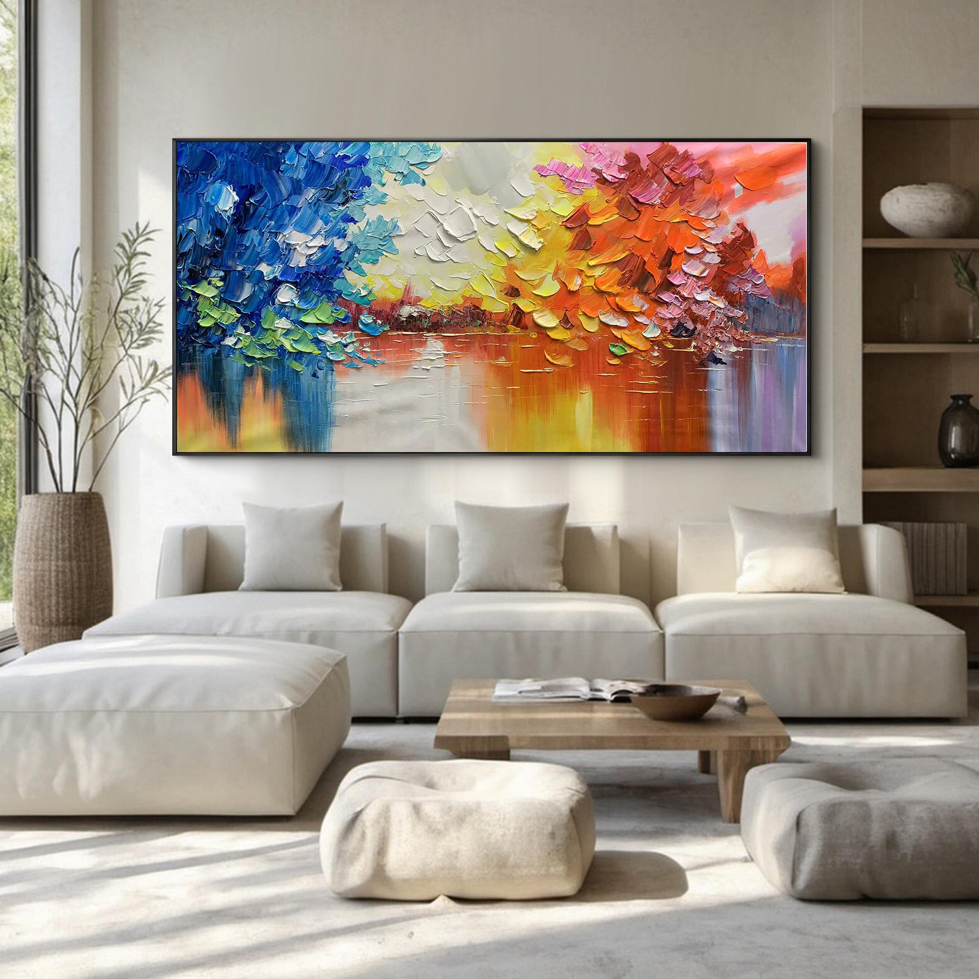 Spectrum Harbor – Hand-Painted Impressionist Multicolored Palette Knife Impasto Oil Abstract Painting | Bold Abstract Palette Knife Living Room Art