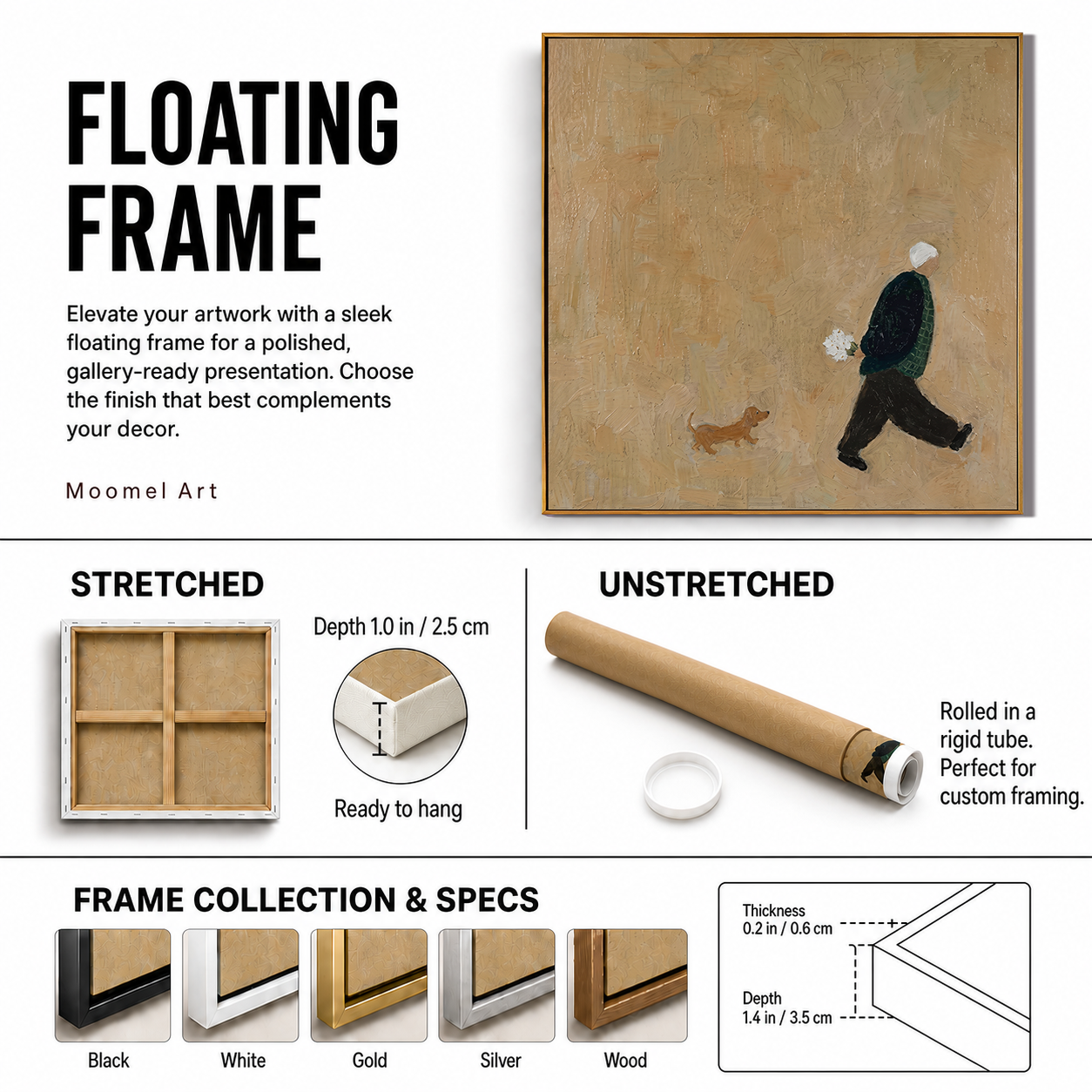 Canvas stretching and floating frame options with profile and finish details