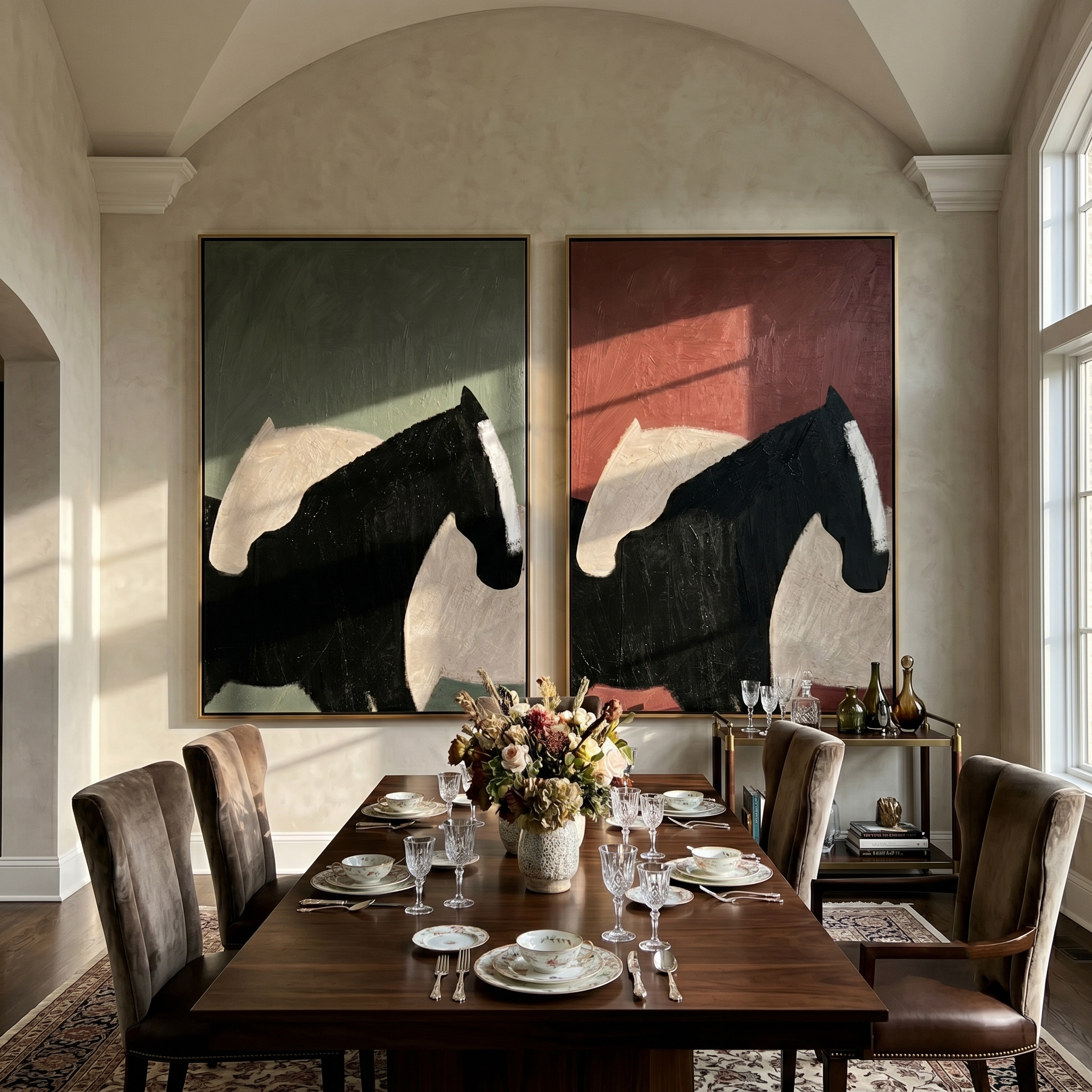 Dark Horse Diptych – Vintage Americana Abstract Black Horse Two-Panel Painting | Contemporary Modern Living Room Art