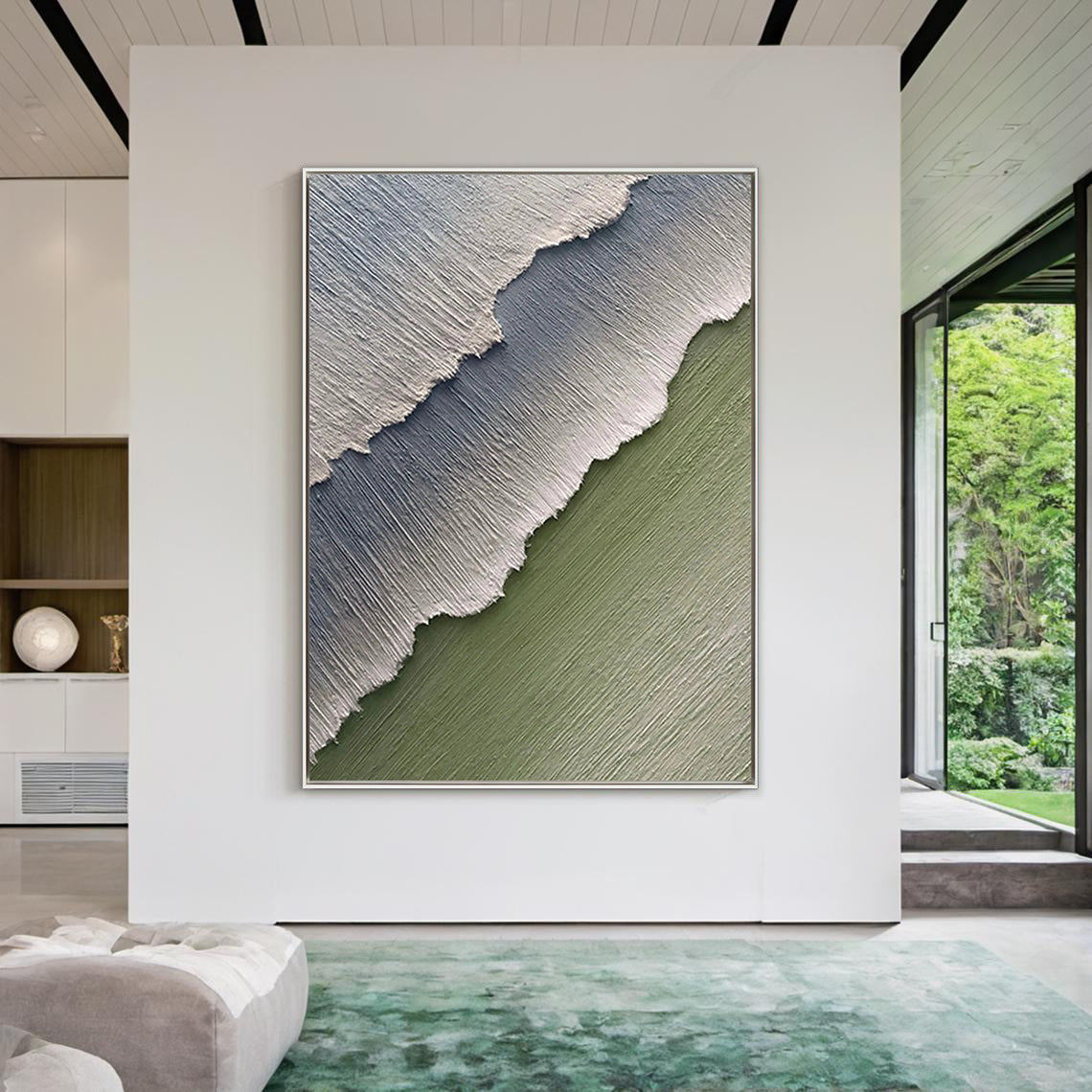 Mint Strata – Minimalist Sage Green Plaster Effect Layered Landscape Painting | Contemporary Landscape Living Room & Dining Room Art