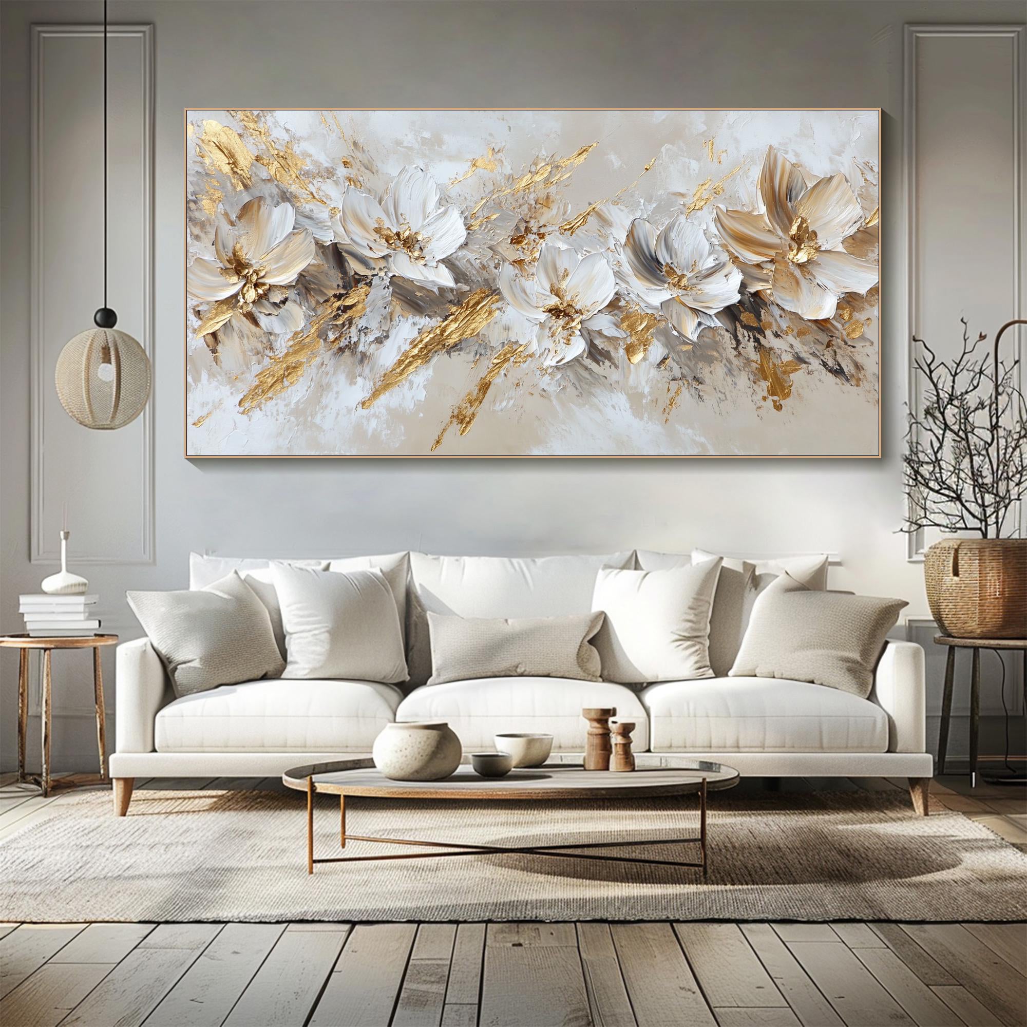 Divine Wings – Modern White & Gold Leaf Relief Floral Painting | Modern Luxury Botanical Bedroom & Living Room Art